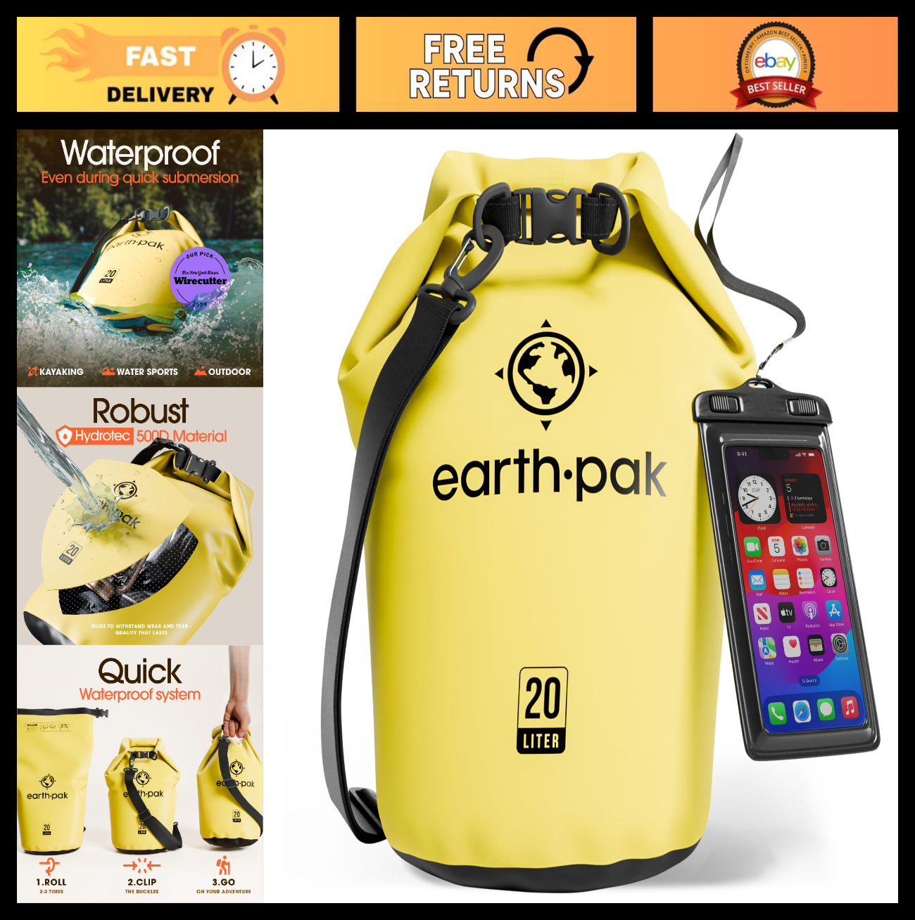 Waterproof Dry Bag Backpack   Roll Top Design, Keeps Gear Dry for Kayaking + Pho0