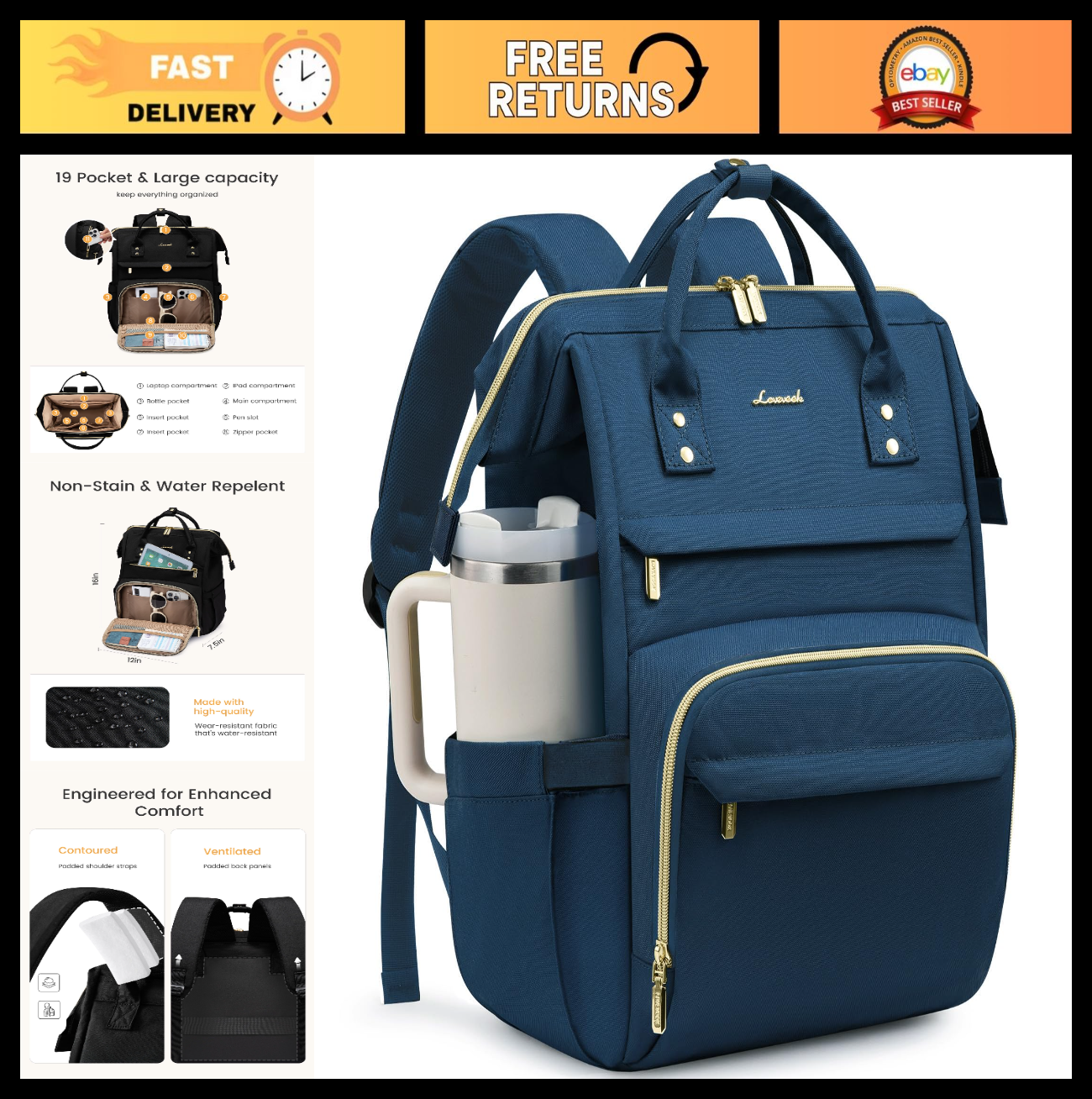 Stylish Waterproof Laptop Backpack with Cup Holder, 15.6" TSA Approved, Travel B0