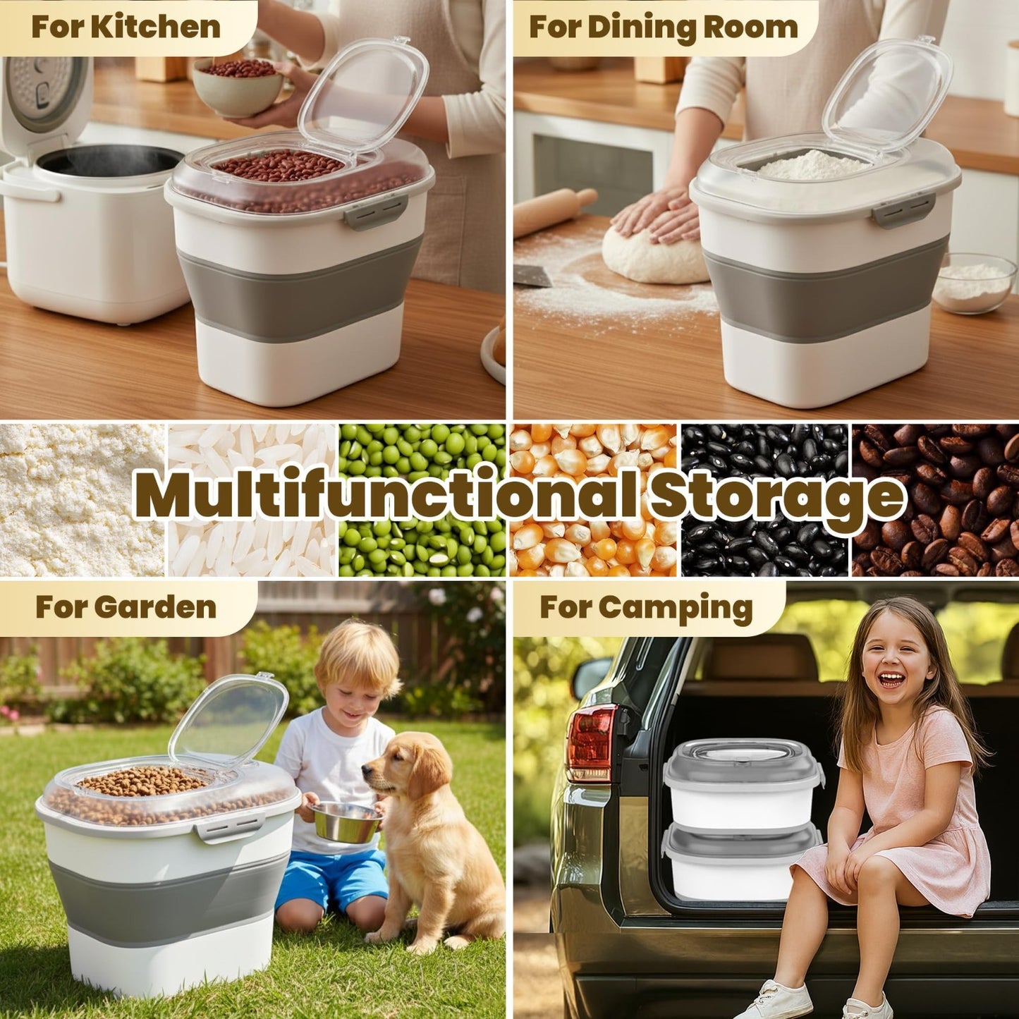50Lbs Collapsible Airtight Rice Storage Container, Food Organizer, Space Saving6