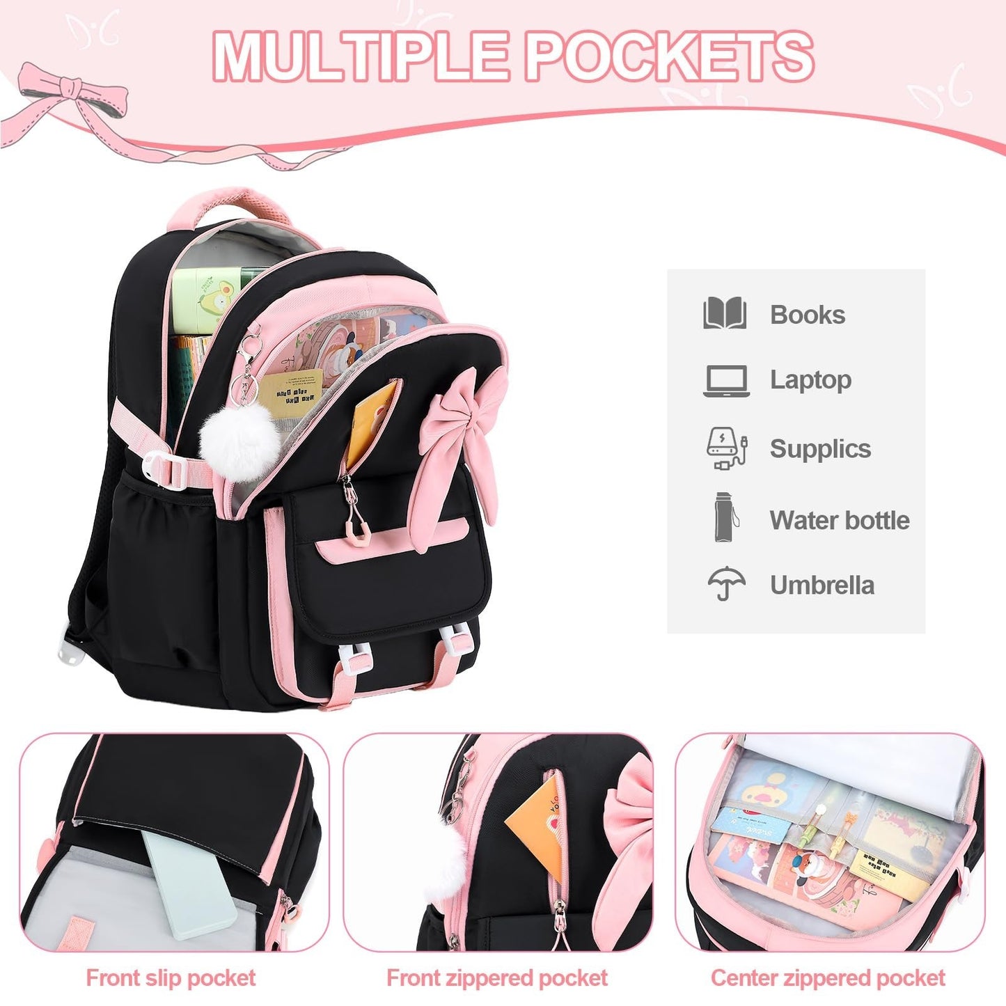 Girls Bow Backpack Set   3PCS with Lunch Bag & Pencil Case, Cute School Bag3