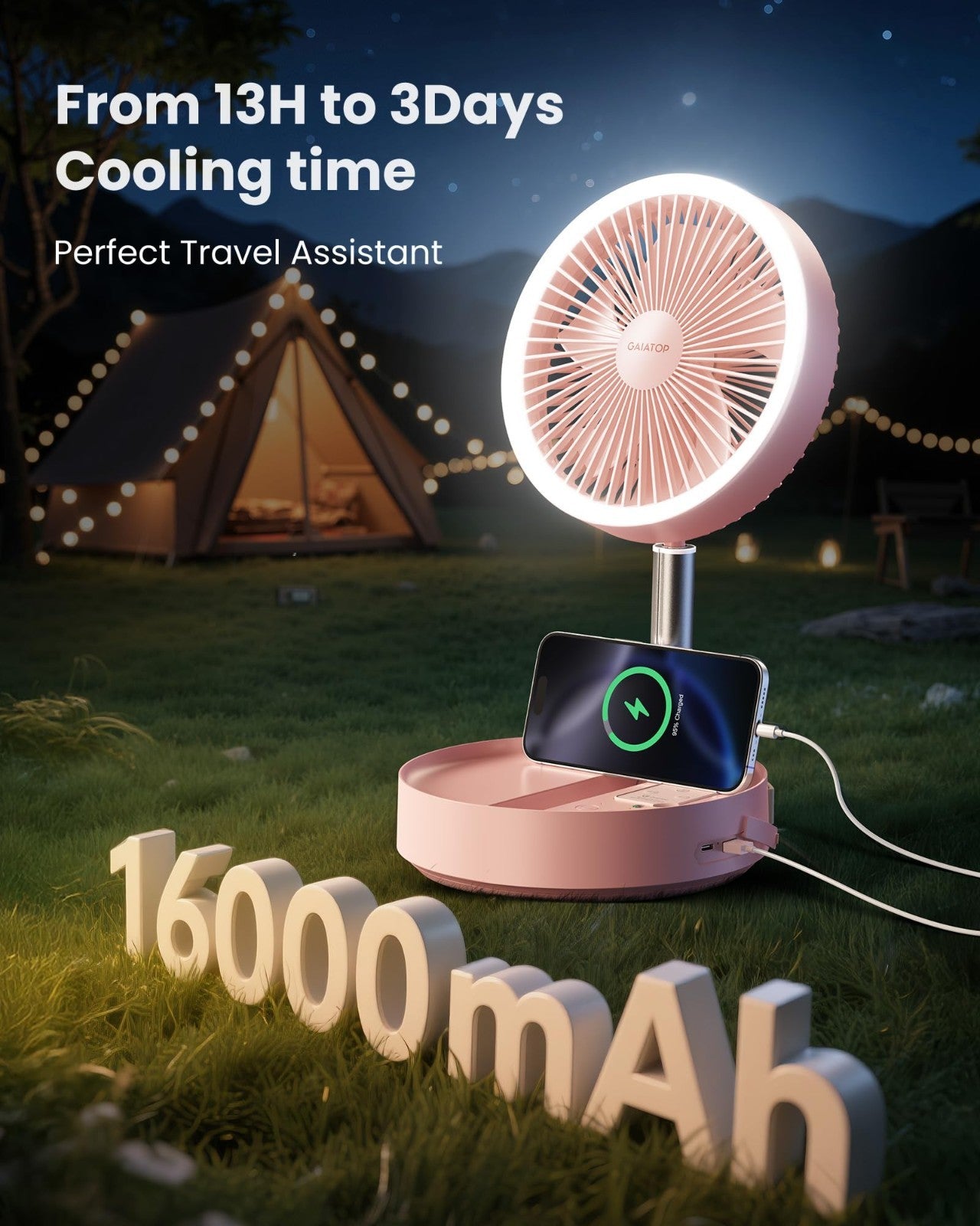 Portable Oscillating Fan with 16000mAh Battery, 74h Runtime, LED Light, Remote,2