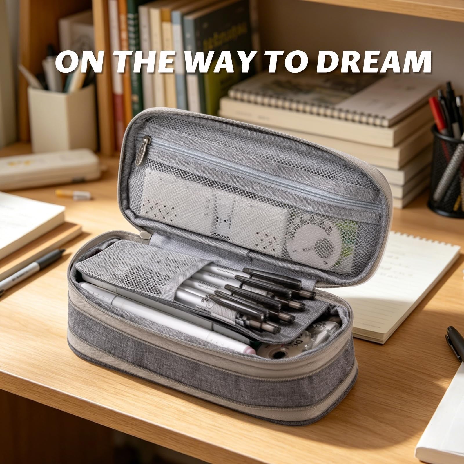 Large Capacity Pencil Case   Office & School Storage Organizer Bag Pouch   Gray5