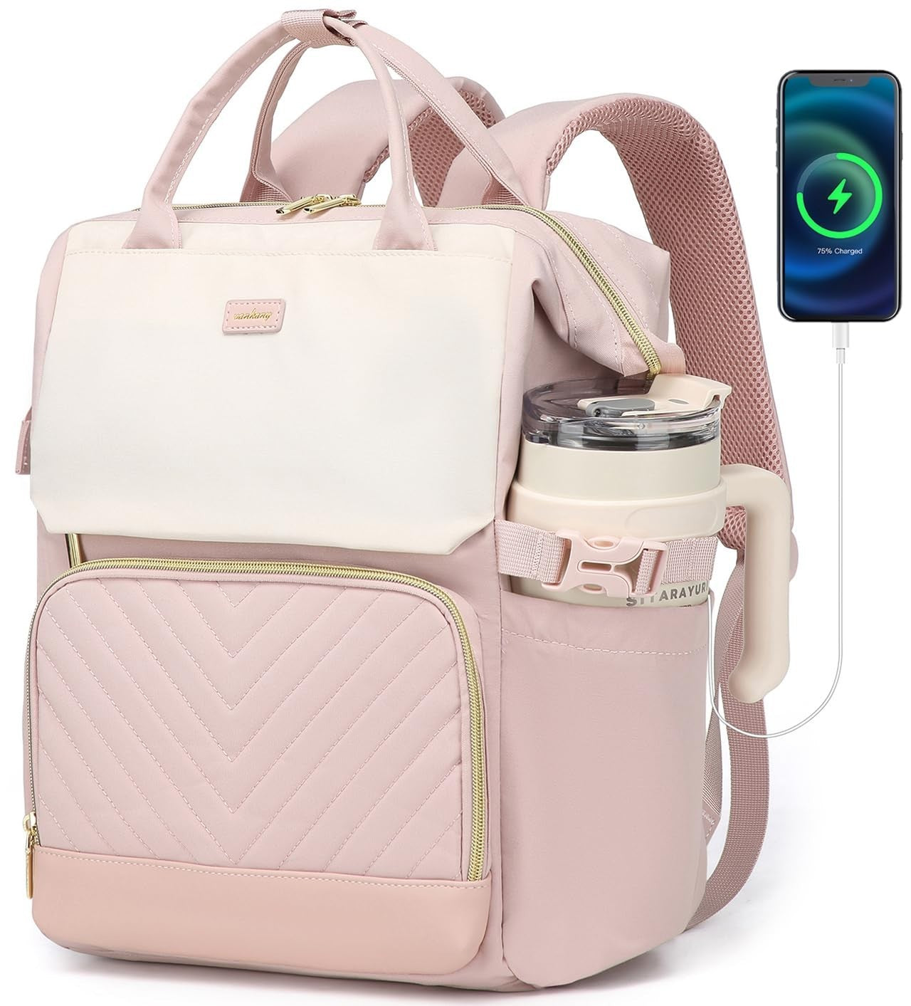 Stylish Laptop Backpack for Women   USB Charging, Cup Holder, Travel Bag, Beige0