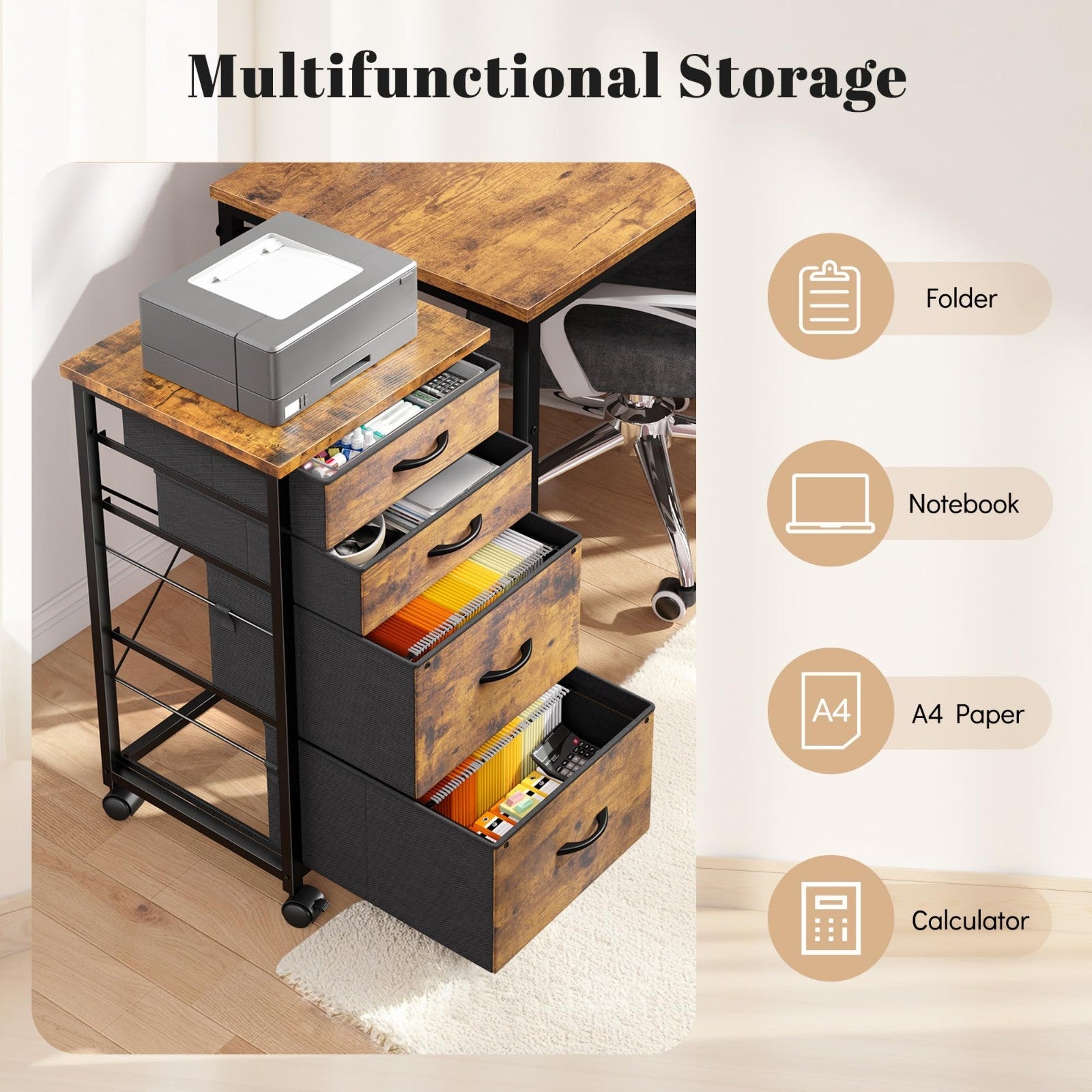 4 Drawer Rolling File Cabinet for A4 & Letter Size | Mobile Printer Stand, Large6