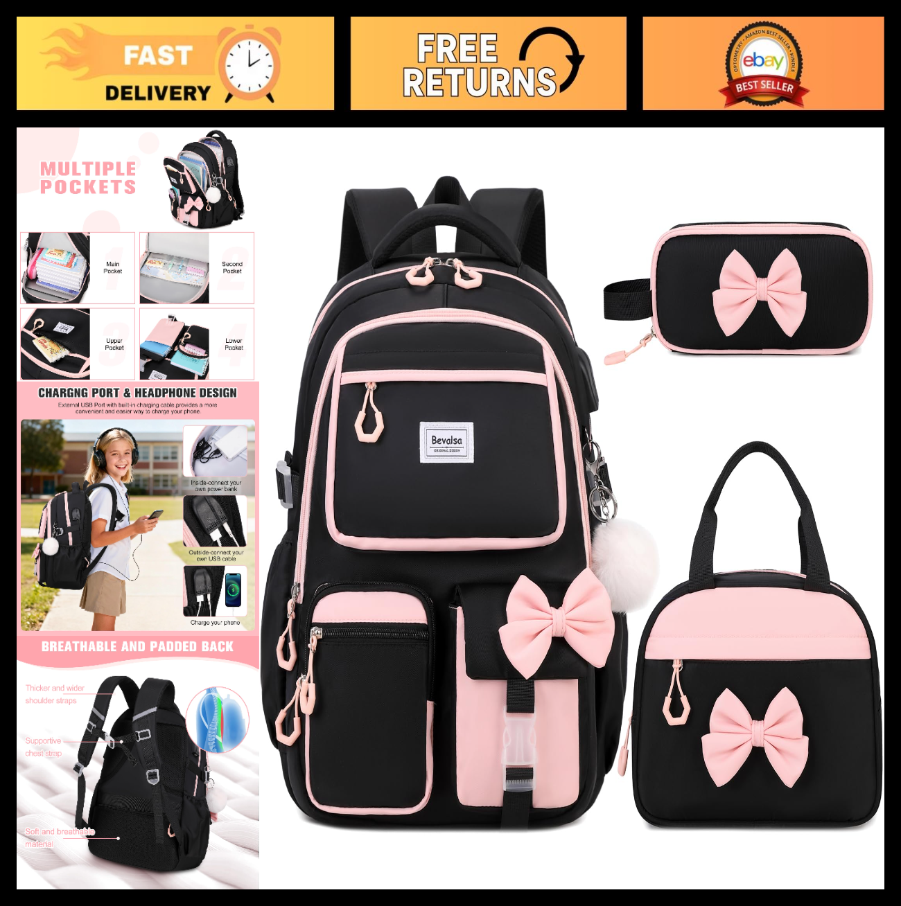 Cute Bow Backpack for Girls   School Bag Set with Lunch Bag & Pen Case0
