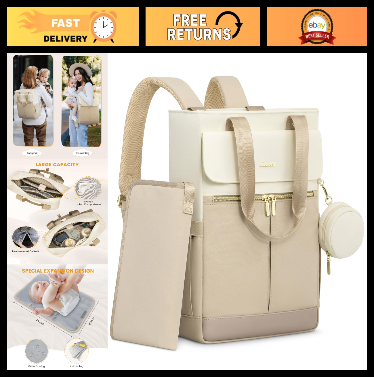 Diaper Bag Backpack Tote with Insulated Pockets & Changing Pad   Stylish & Funct0