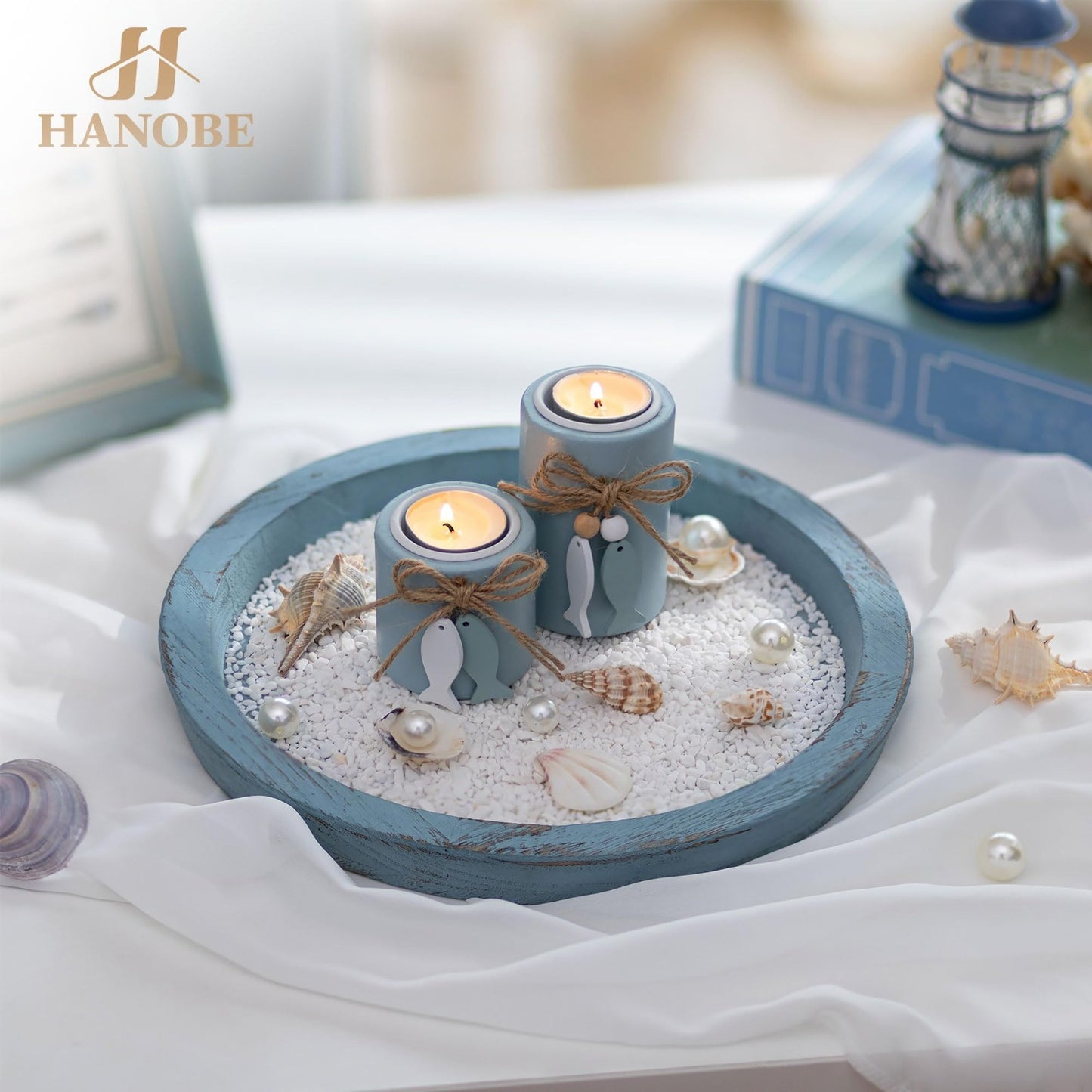 Coastal Farmhouse Decorative Tray - Round Wooden Ocean Style Centerpiece for Bea3