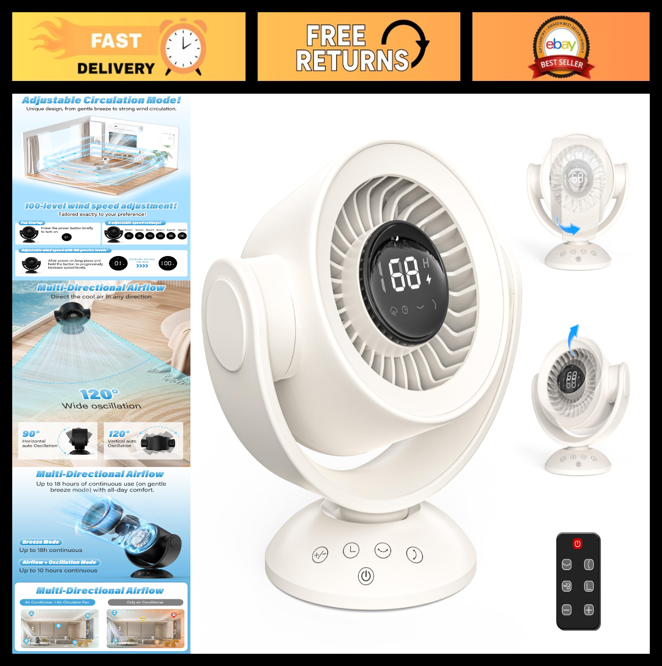 Quiet 100 Speed Oscillating Fan with Remote, 10H Timer, USB Rechargeable for Hom0