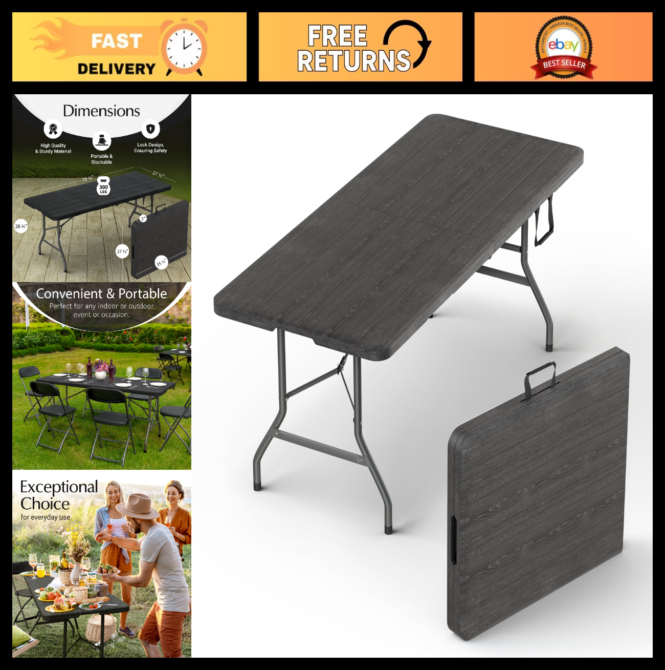 6FT Heavy Duty Folding Table with Handle - Portable for Party, Events, Camping,0