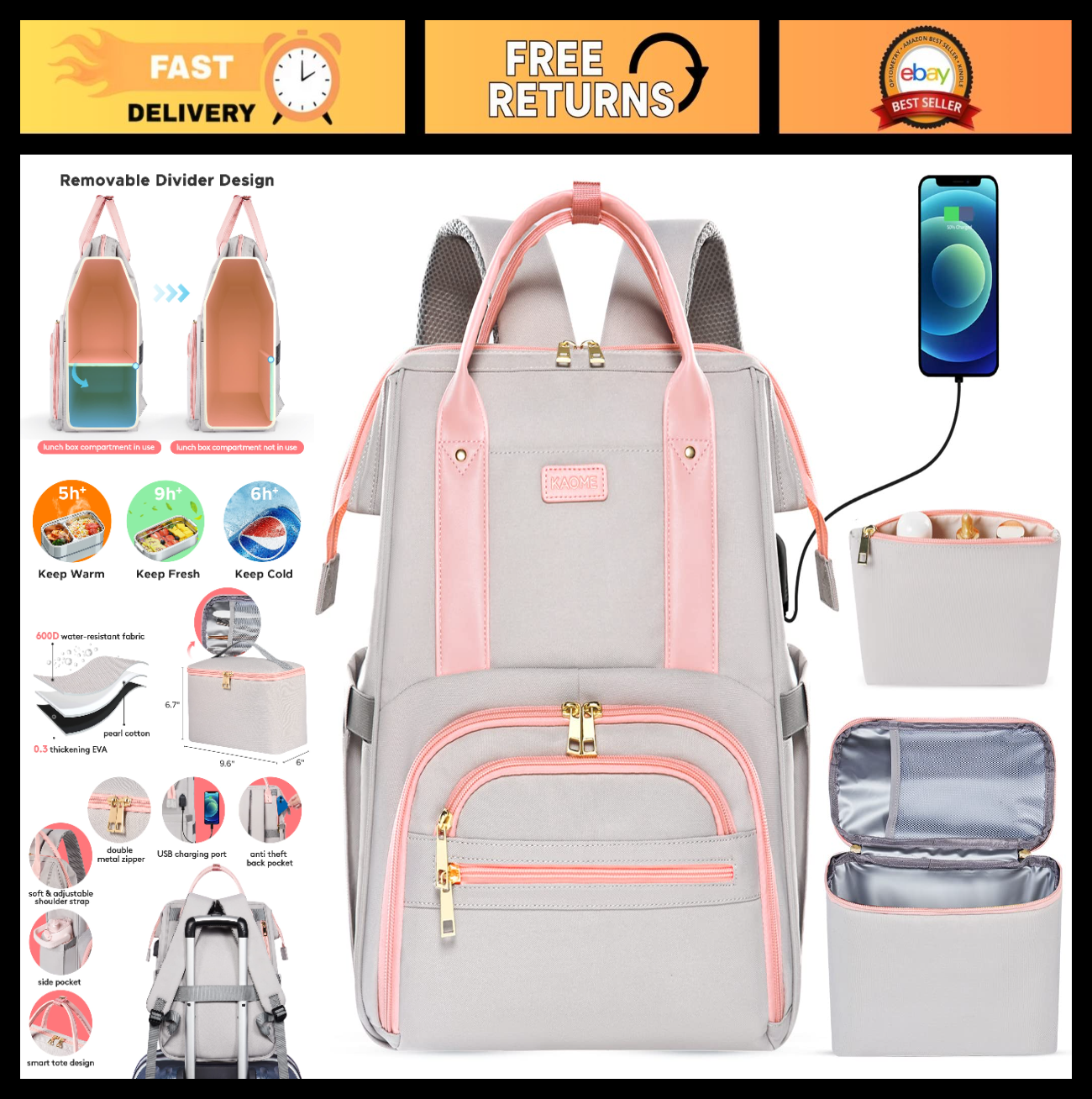 15.6" Laptop Backpack with USB Port, Insulated Lunch Bag, Waterproof Daypack for0