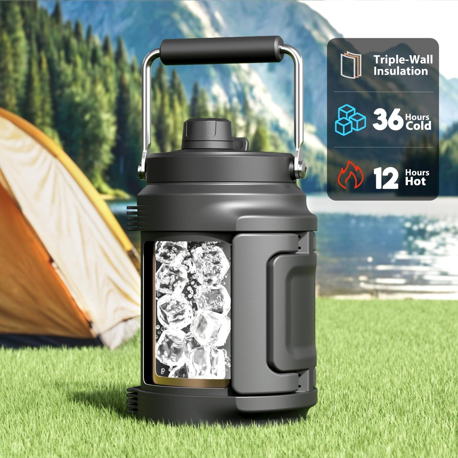 64 oz Insulated Water Bottle - Triple Wall Vacuum Jug, 2-in-1 Lid, Cold 36 Hrs,2