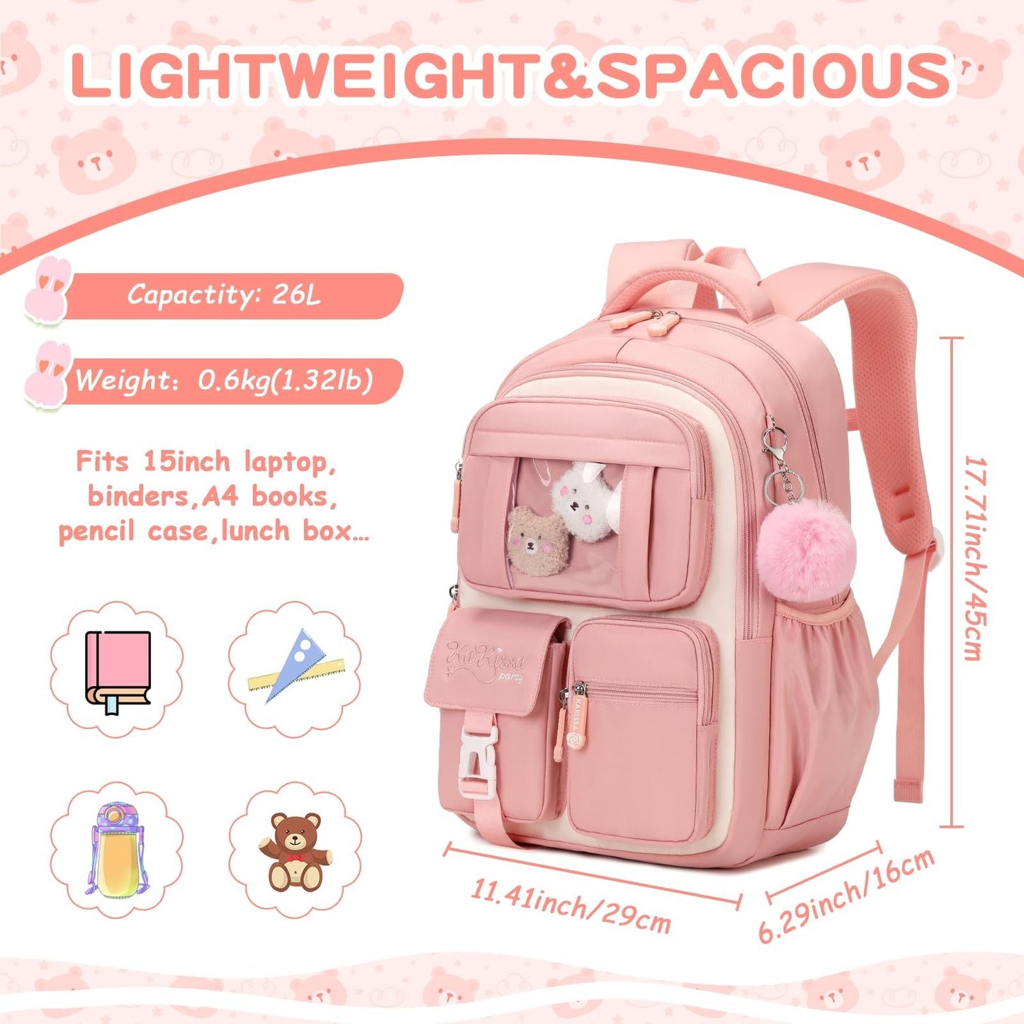 Kawaii Girls Backpack - Cute Pink & Beige School Bag for Middle & Elementary Stu2