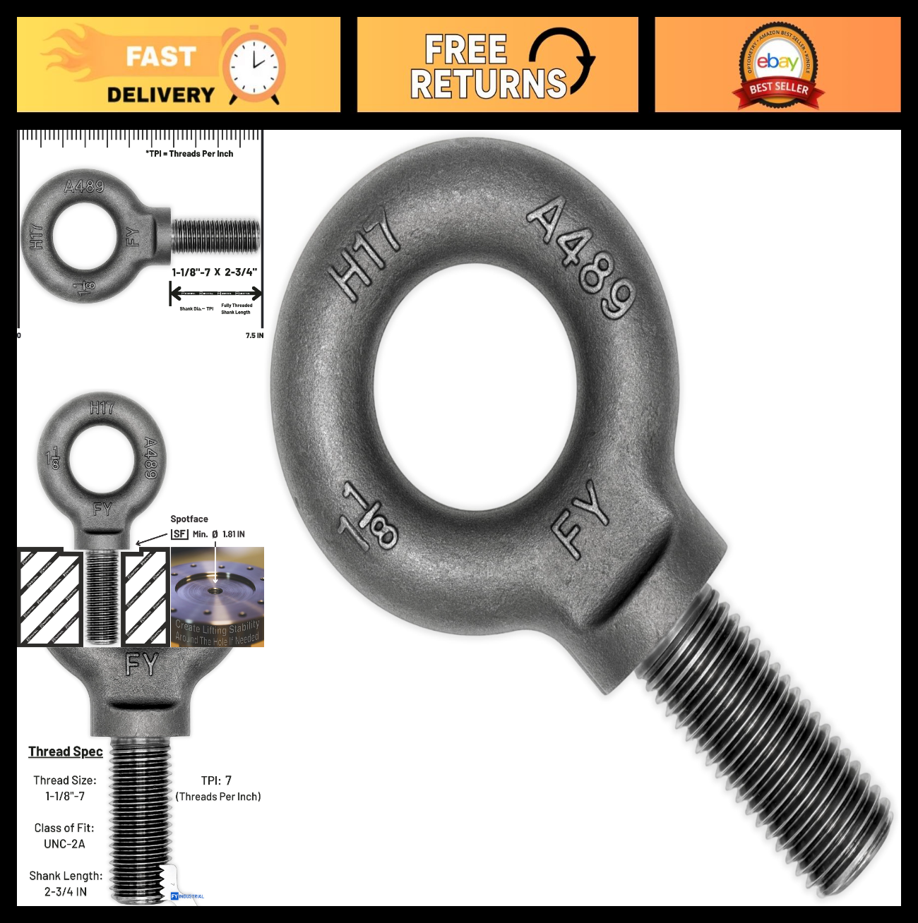 Heavy-Duty Lifting Shoulder Eye Bolt 1-1/8" x 2-3/4" - Strong Load Capacity0