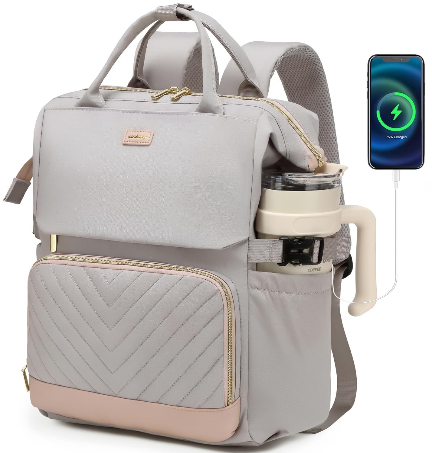 Stylish Laptop Backpack for Women, College Bookbag with USB Charger & Cup Holder1