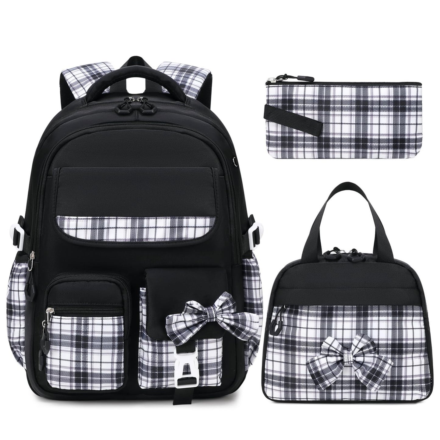 Stylish 3PCS School Backpack Set for Girls   17" Bow Plaid Bookbag, Durable & Tr1