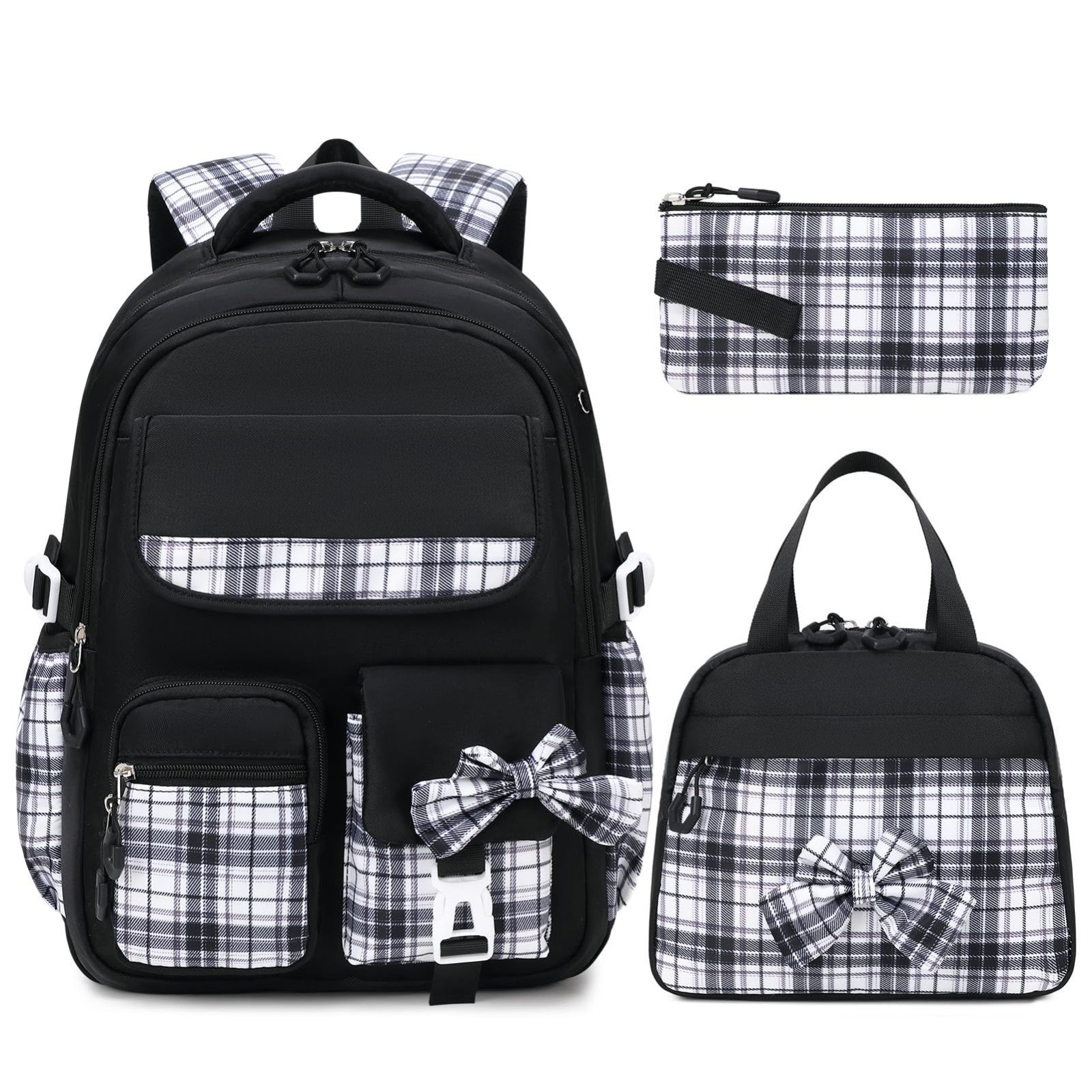 Stylish 3PCS School Backpack Set for Girls   17" Bow Plaid Bookbag, Durable & Tr1
