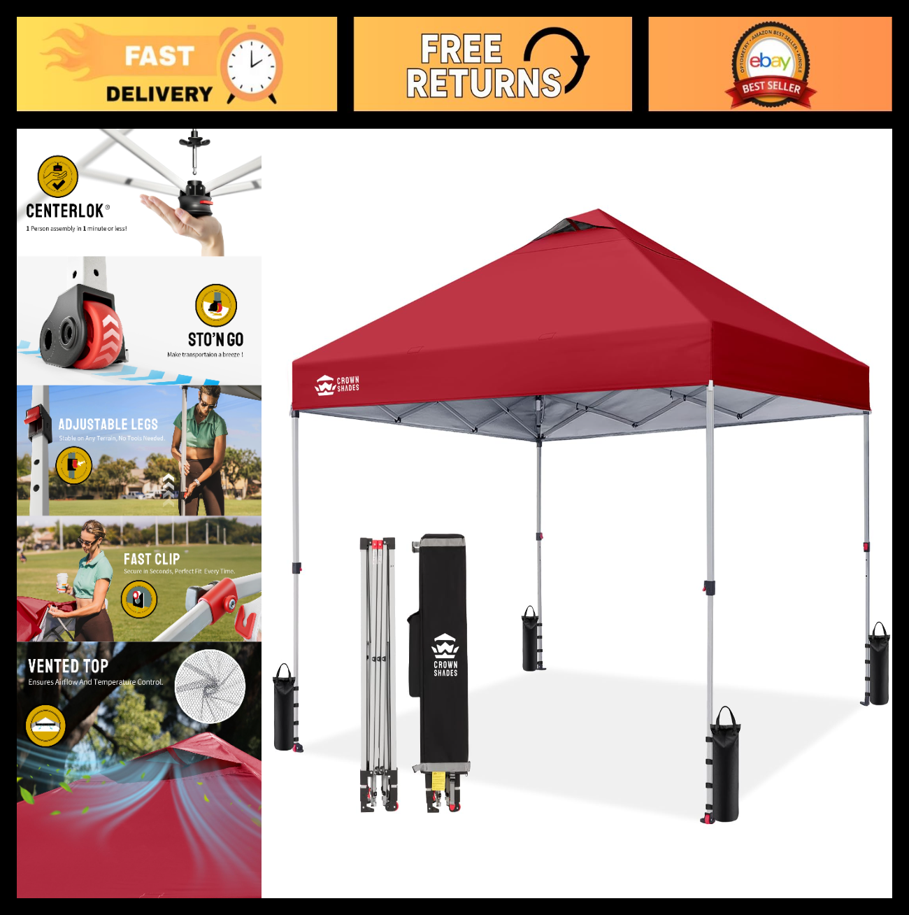 10x10 Pop Up Canopy Tent   Easy Setup, Red Outdoor Sun Shade for Events, Parties0