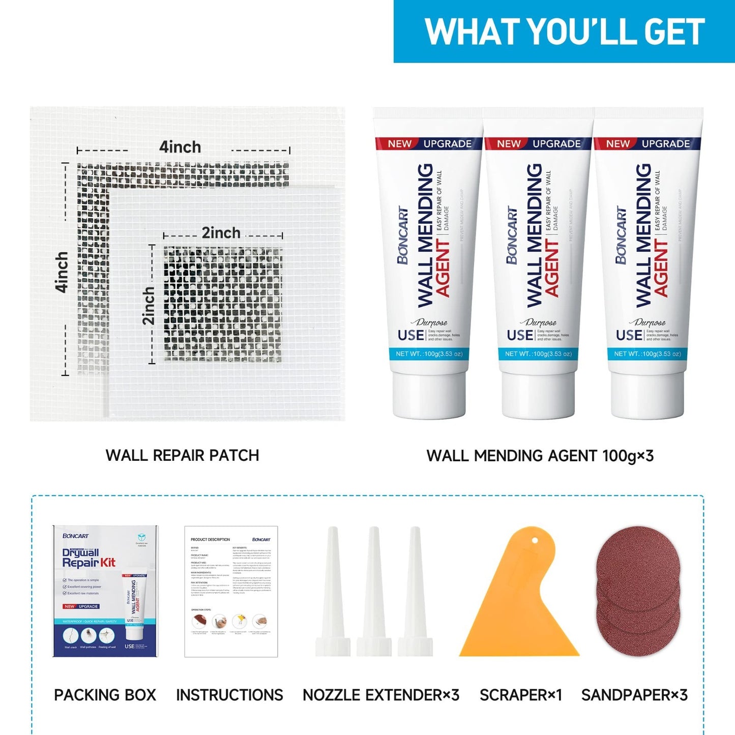Wall Repair Kit 3 Pack   Spackle Mending Agent with Scraper, Sandpaper & Patches5
