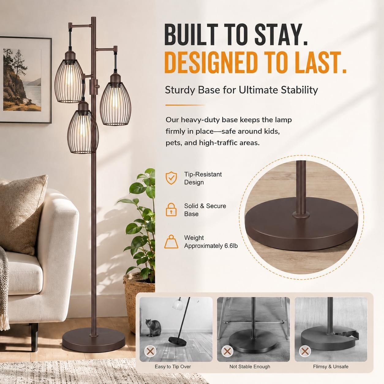 Dimmable Floor Lamp with 3 LED Bulbs, Industrial Tree Design for Living Room, Be3