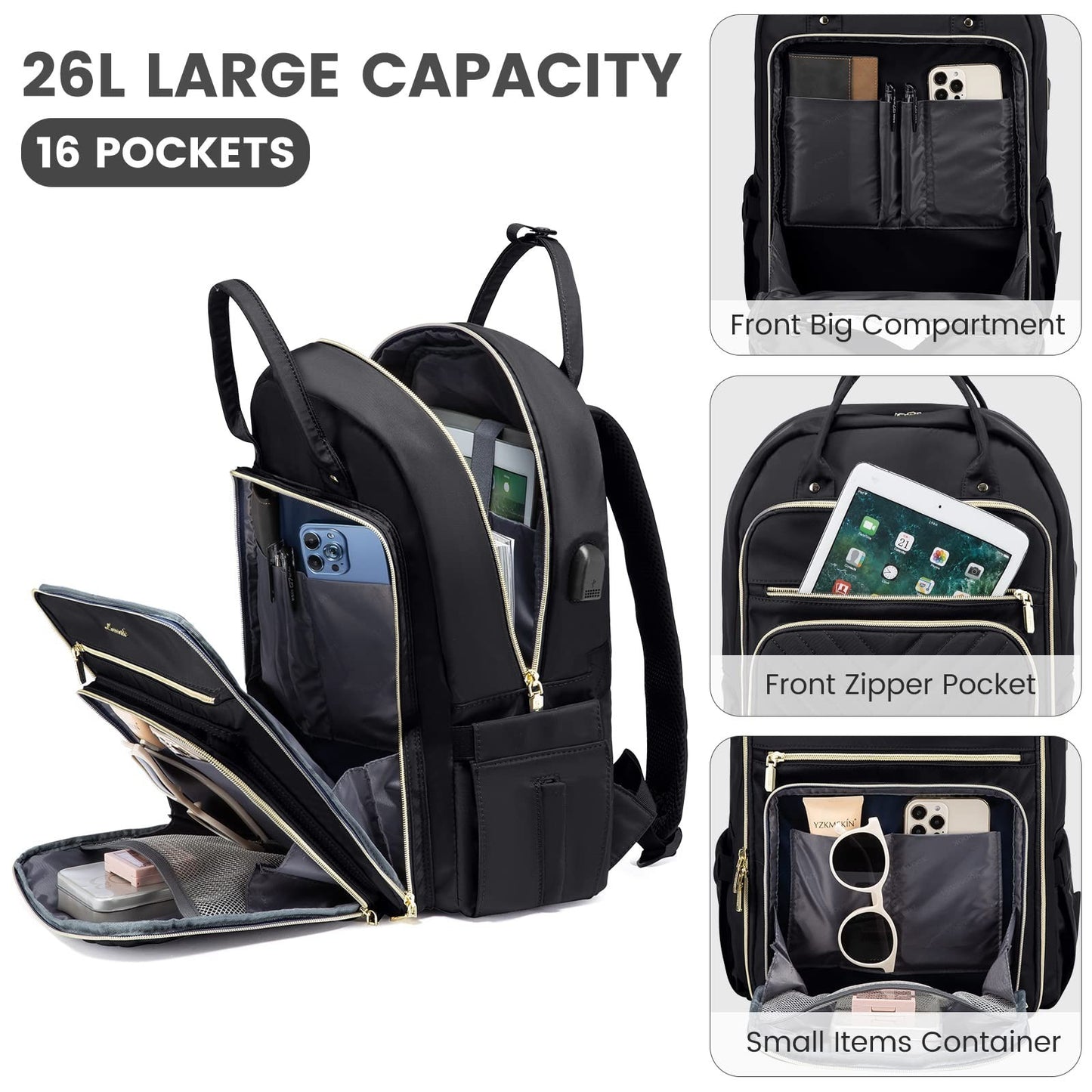 Stylish 15.6" Laptop Backpack for Women, Waterproof Travel Bag with USB Port, Bl4