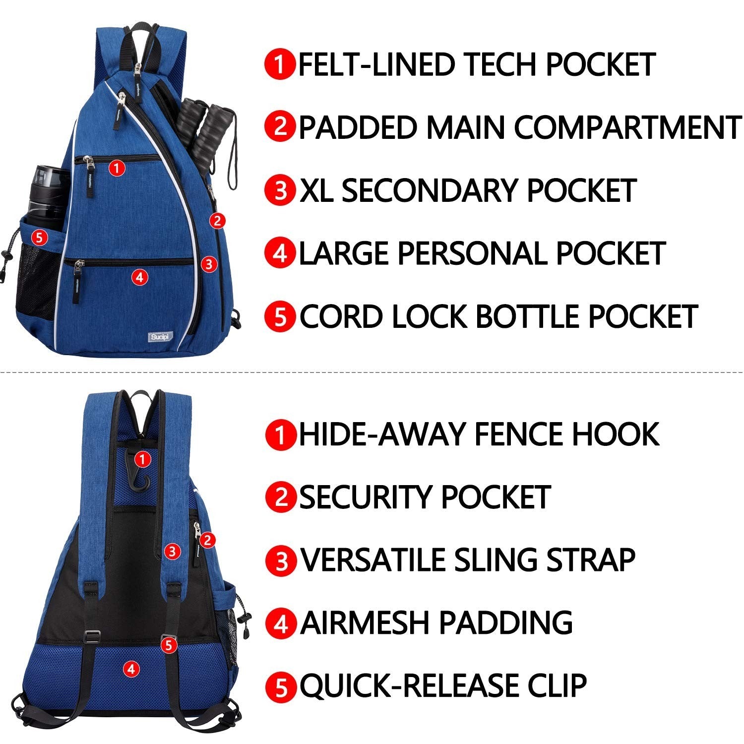 Adjustable Pickleball Backpack with Fence Hook, Large Capacity & Safety Pocket3