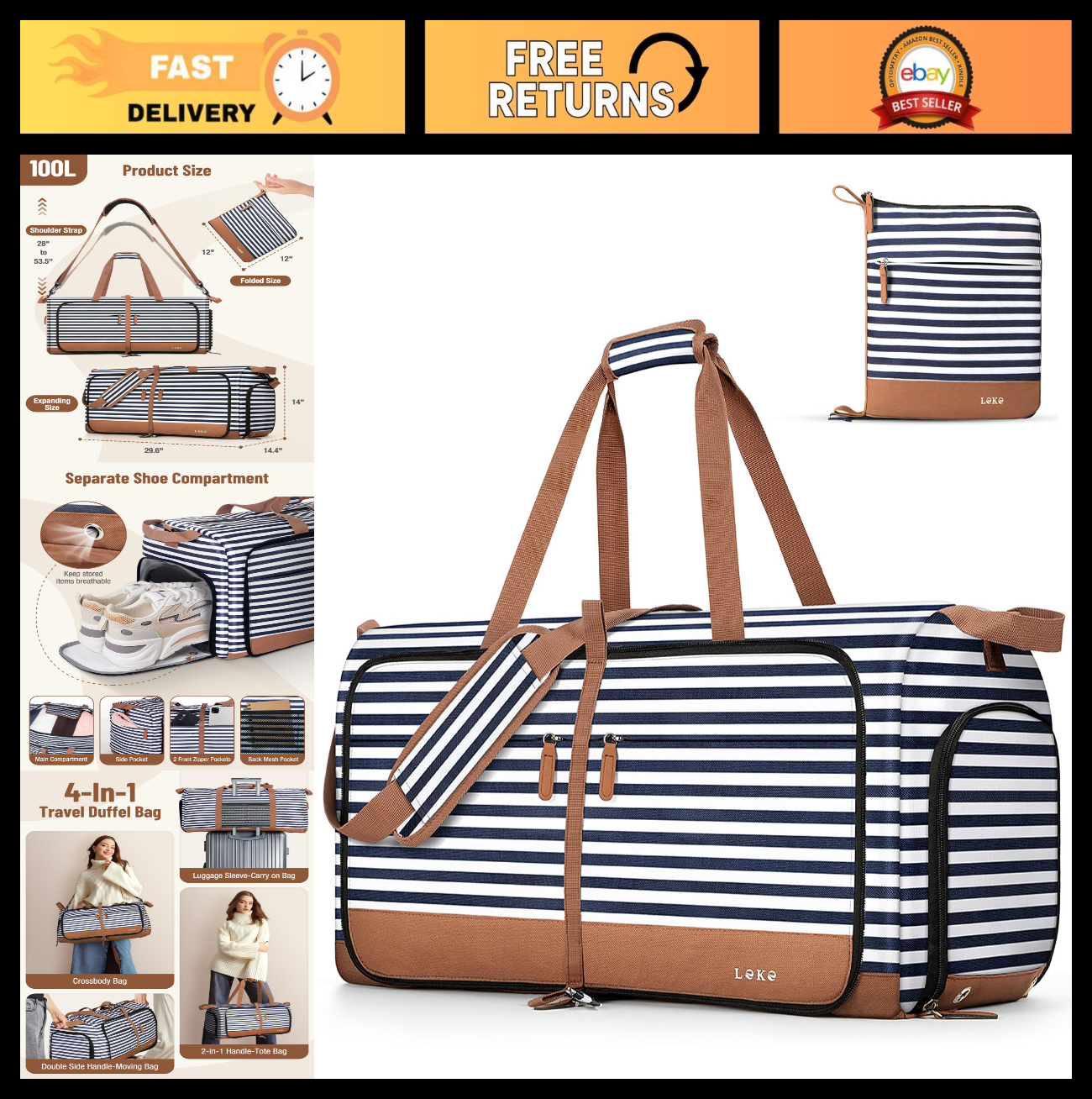 Large 100L Foldable Travel Duffle Bag for Women, Weekend Carry-On, Shoes Compart0