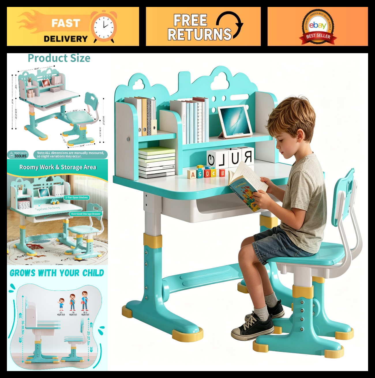 Height Adjustable Kids Study Desk & Chair Set for Ages 3 12   Learning Furniture0