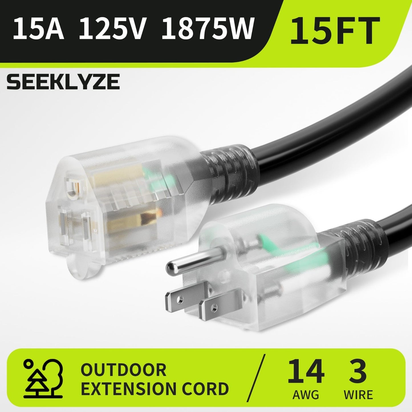 Heavy Duty 15FT 14AWG Outdoor Extension Cord with Lighted End   Weather Resistan2
