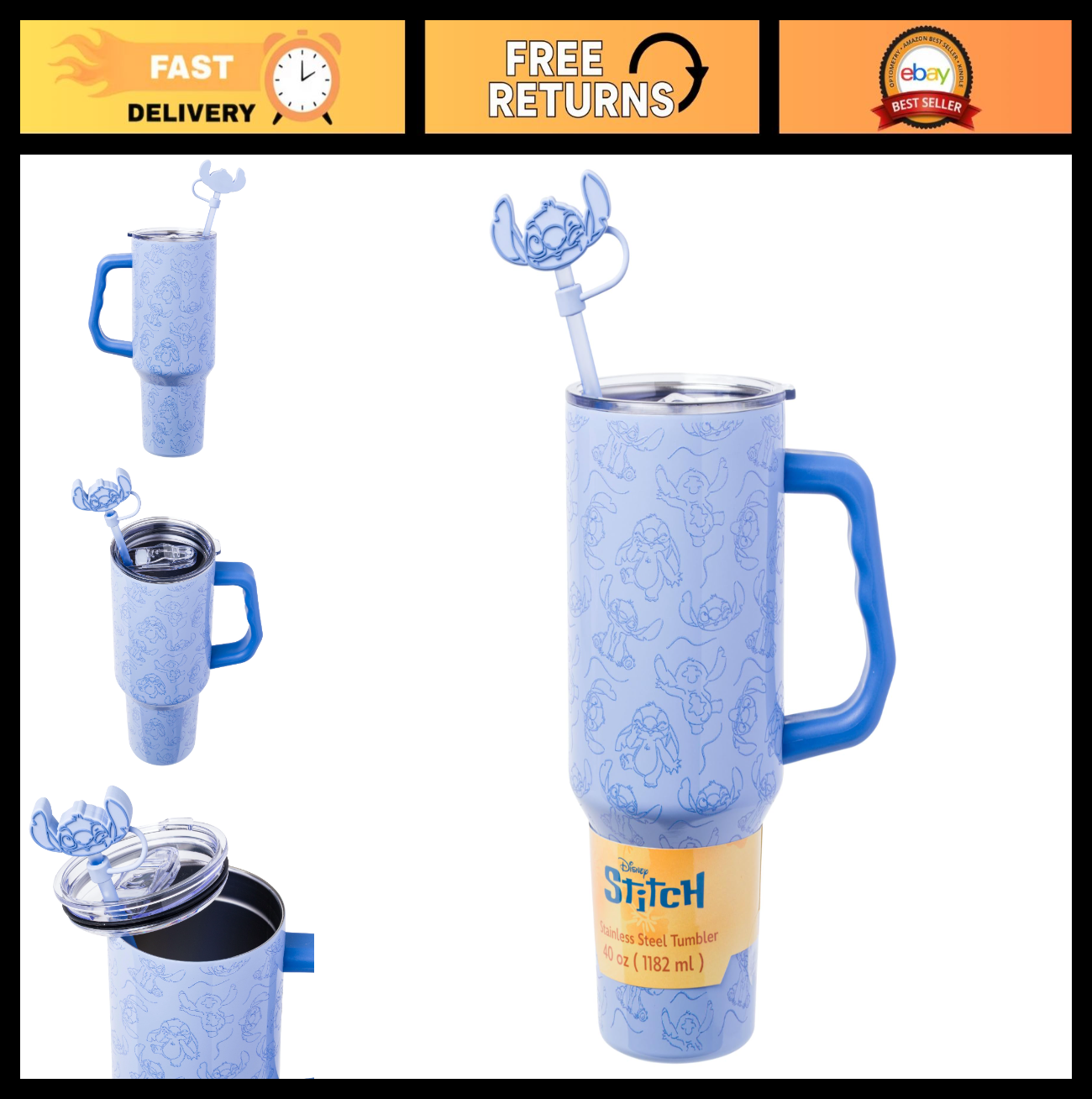 40oz Double Walled Stainless Steel Tumbler with Handle & Straw   Lilo & Stitch D0