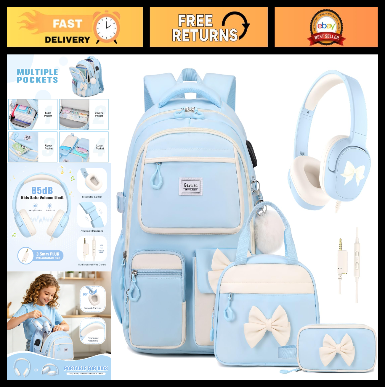 Cute Bow School Backpack for Girls, Includes Lunch Bag & Pen Case, Stylish Schoo0