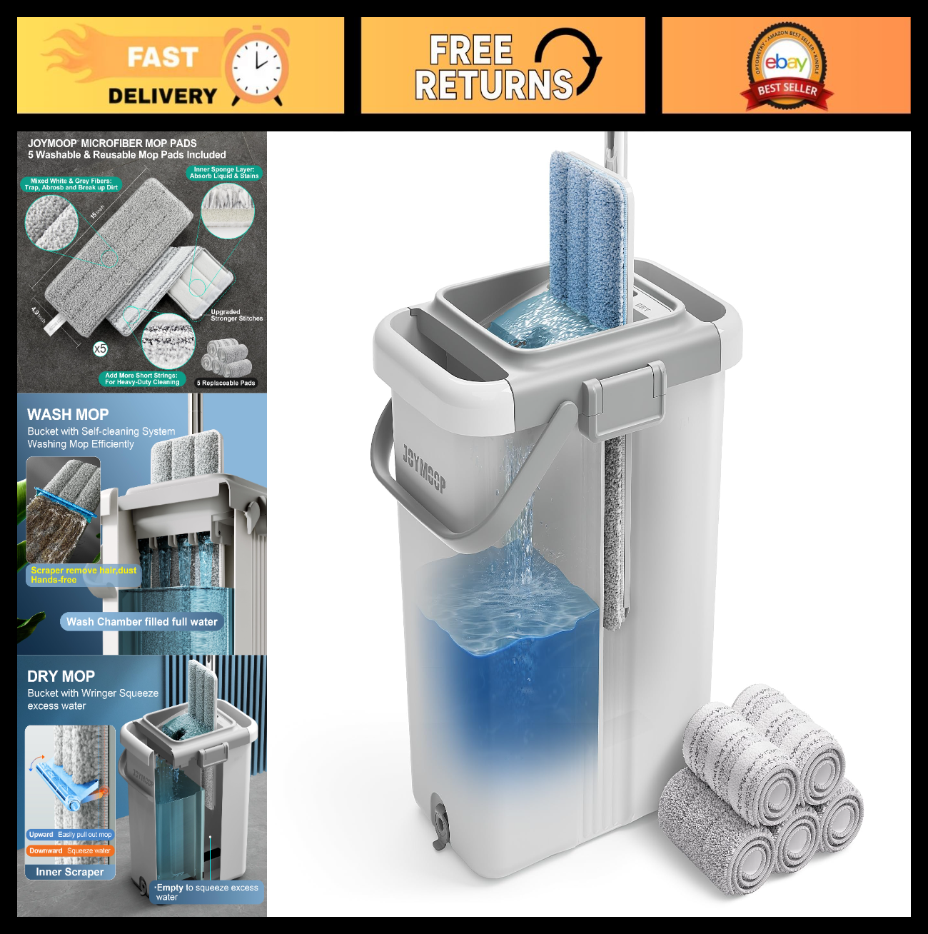 Flat Mop System with Bucket Set - Microfiber Mop for Wet & Dry Cleaning, 3 Pads0