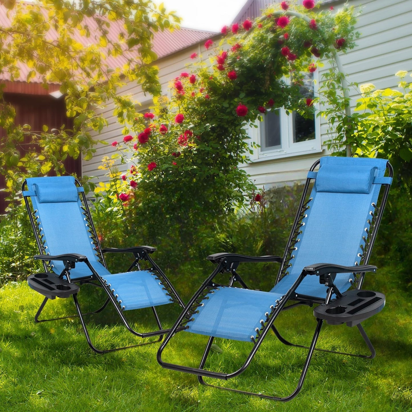 Set of 2 Adjustable Zero Gravity Lounge Chairs   Relaxing Patio Recliners with P2