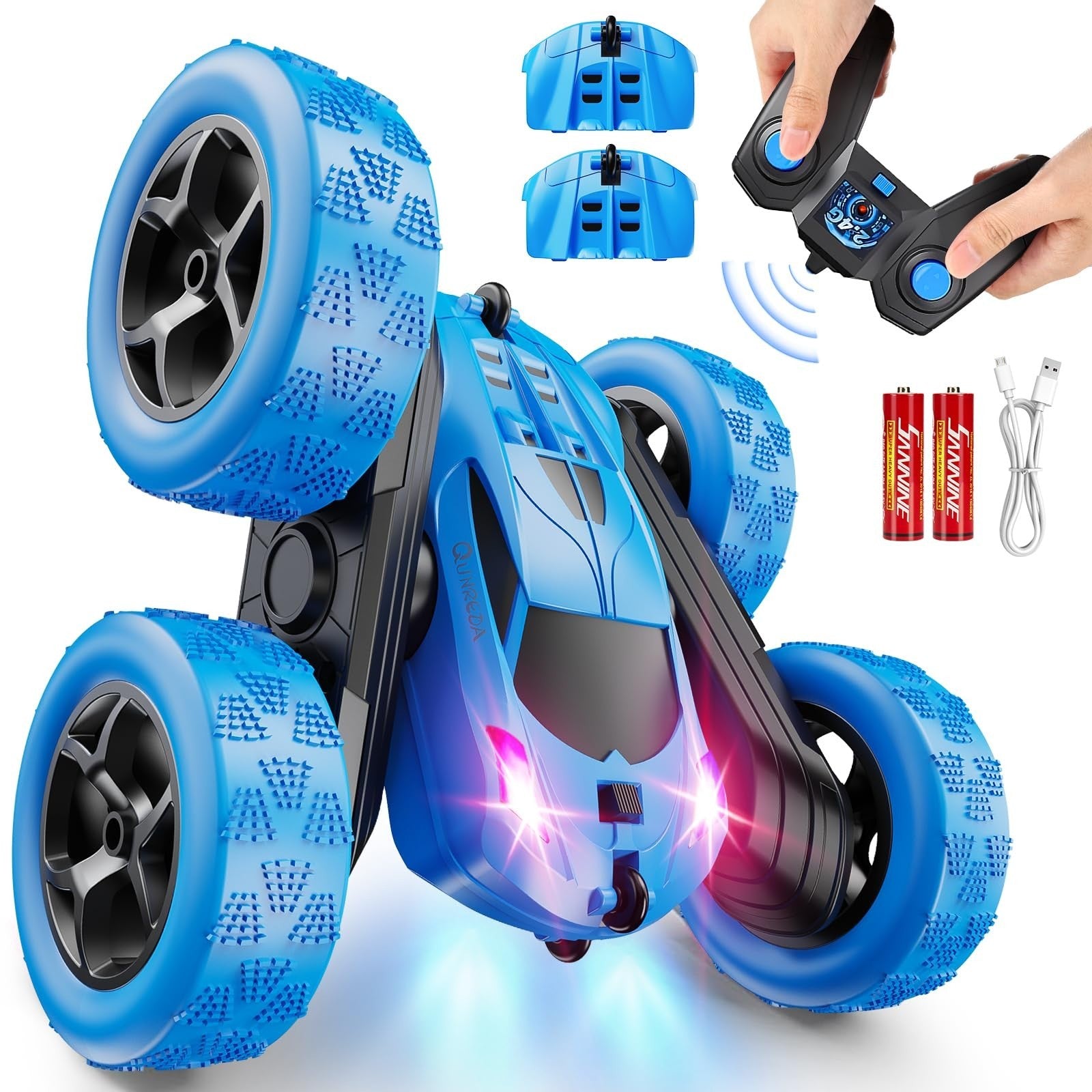 4WD Remote Control Stunt Car for Kids 6 12, LED Lights, 360° Flips, USB C Batter1