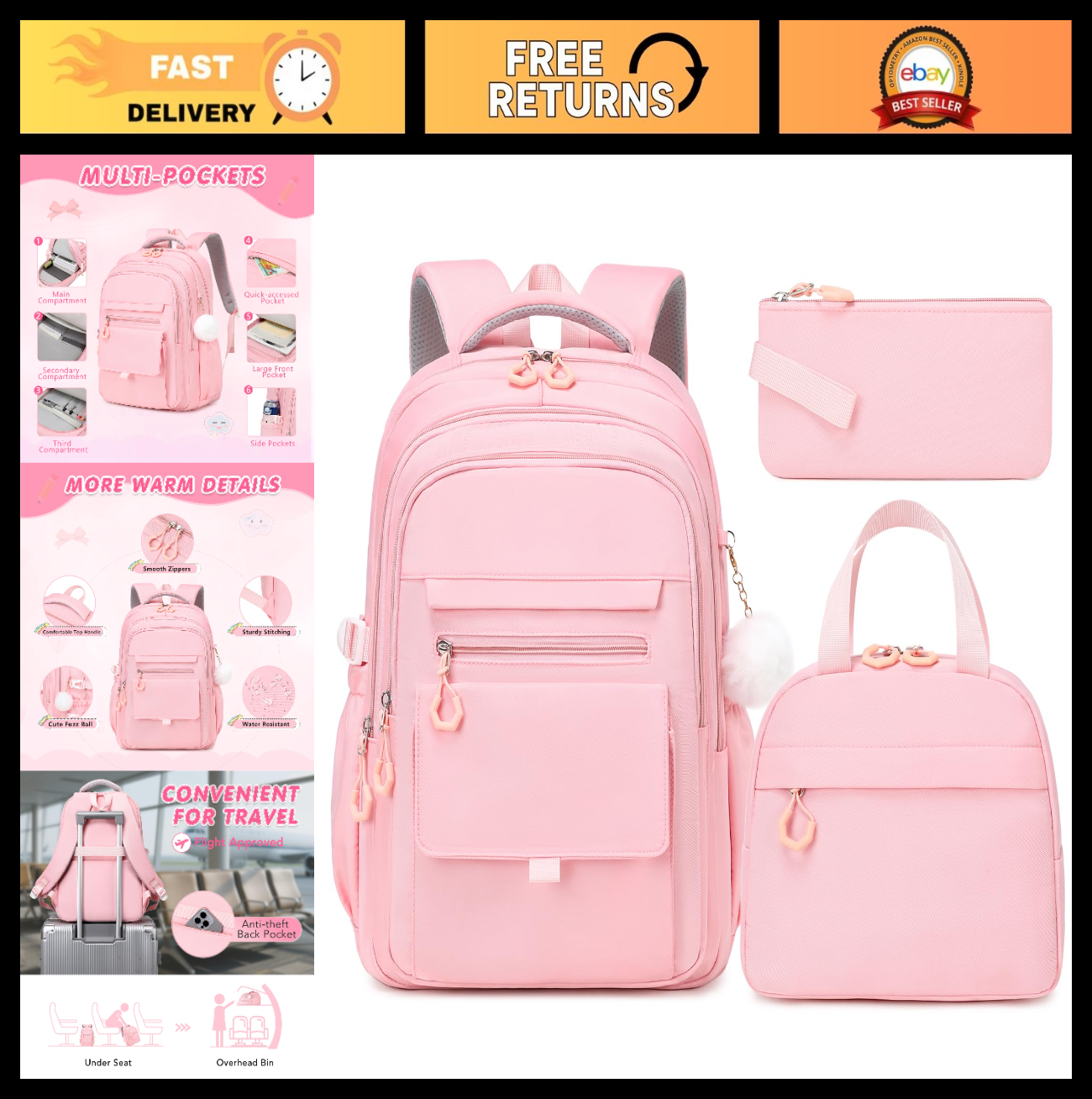 Stylish Girls Backpack Set with Lunch Box & Pencil Case   Perfect for School!0