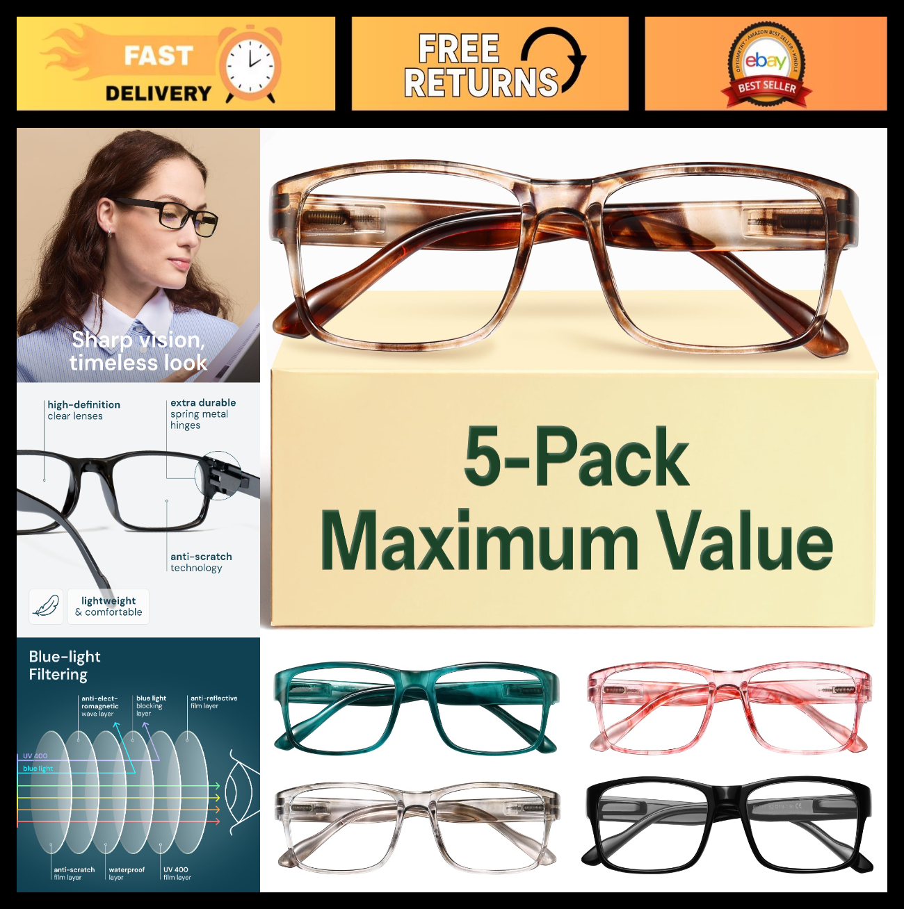 2.5x Professional Reading Glasses - All-Day Comfort, Blue Light Protection, FSA-0