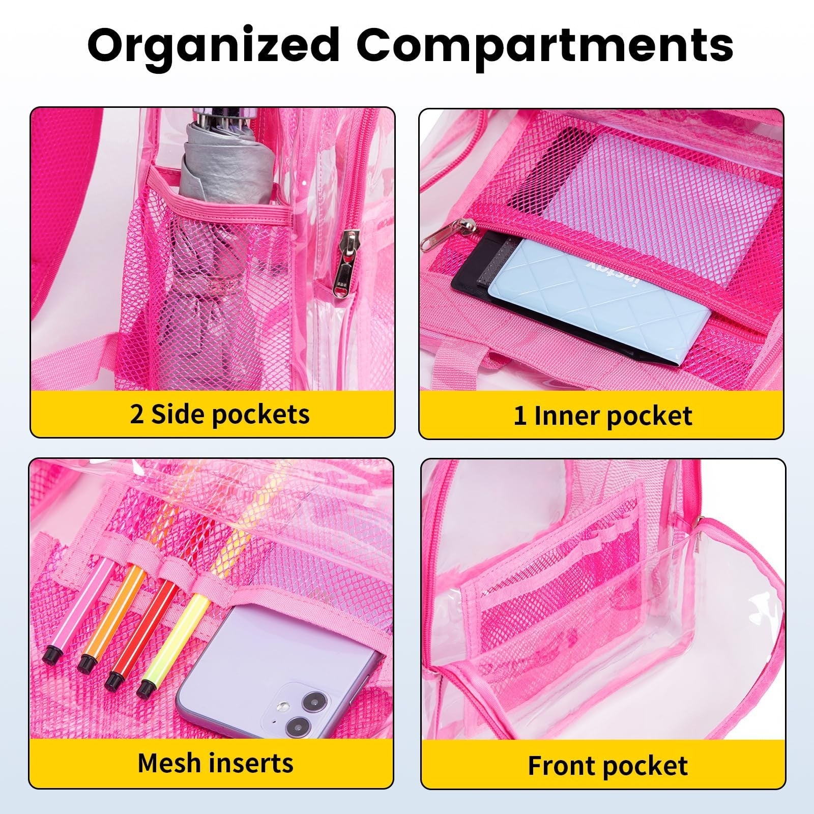 Clear PVC Backpack Heavy Duty Transparent Bag with Reinforced Straps - Pink, Lar6