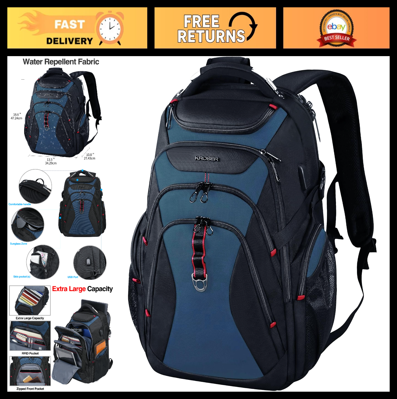 17.3" Laptop Backpack for Men, Stylish Computer Bag, Water Resistant, Black & Bl0