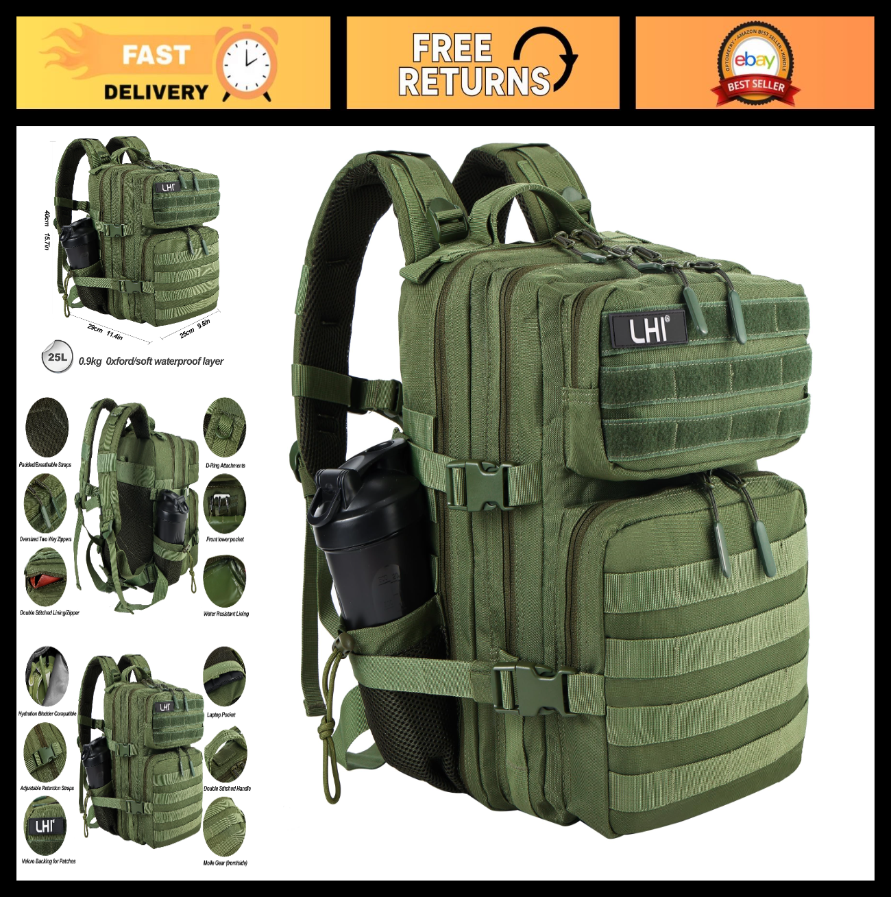 Tactical Military Backpack 25L/35L   Army Assault Pack Rucksack with Bottle Hold0