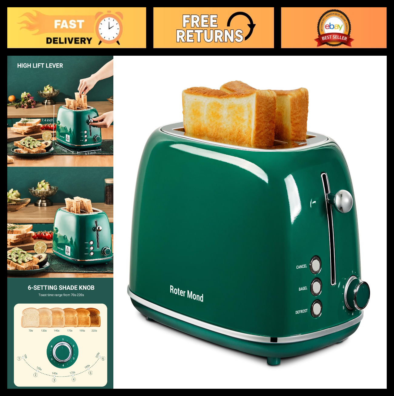 Retro Stainless Steel 2 Slice Toaster with Bagel, Cancel, Defrost, 6 Shade Setti0