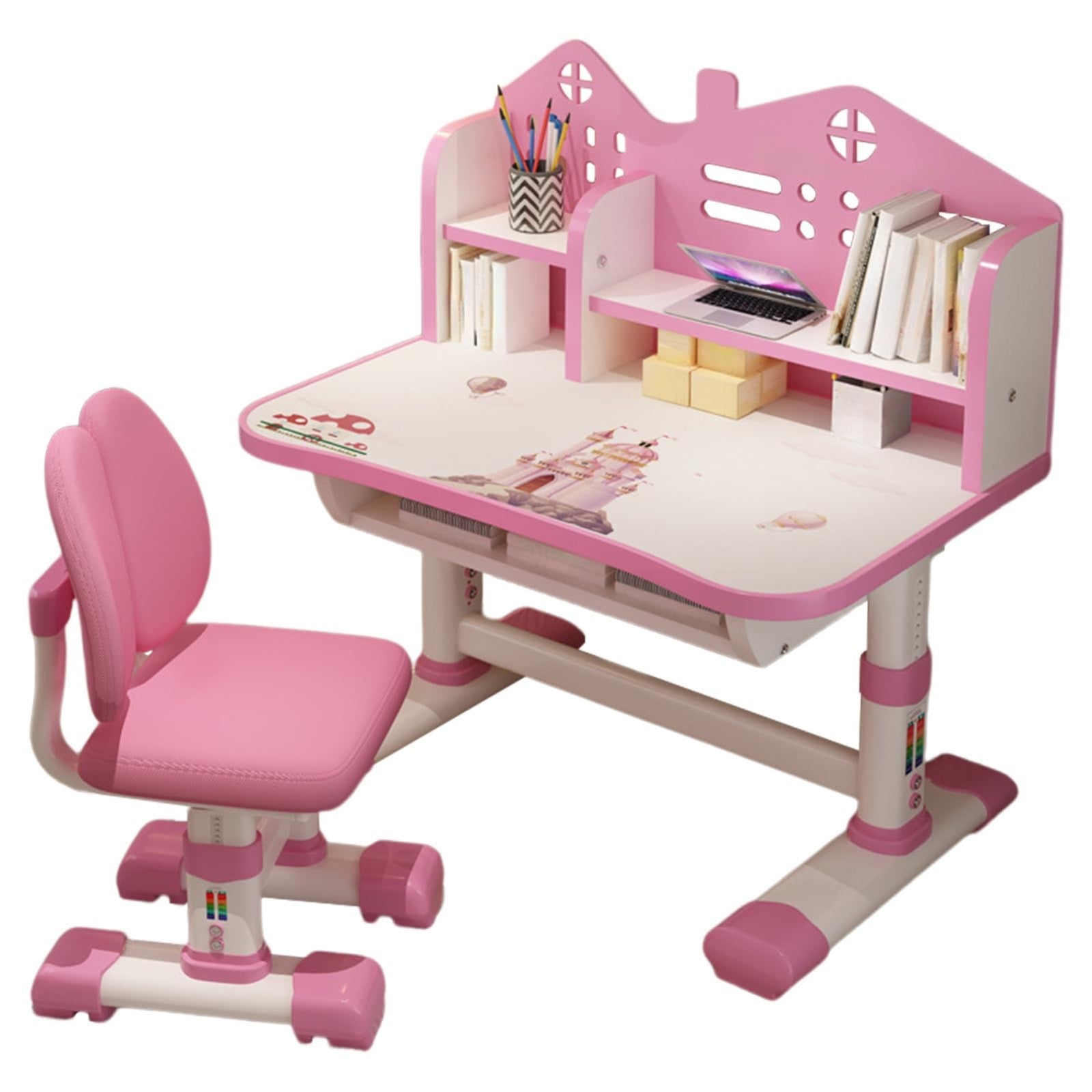 Adjustable Kids Study Table & Chair Set, Cute Cartoon Pattern, Widened Desktop,1