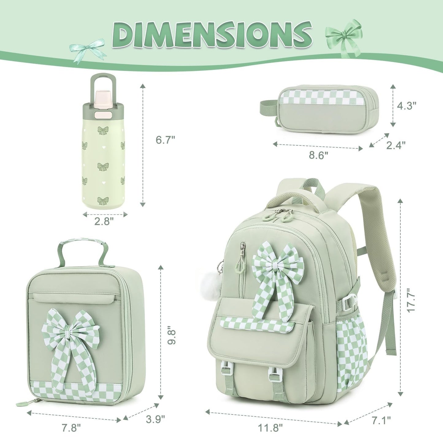 Stylish Girls Backpack Set 4PCS with 14oz Water Bottle, Lunch Bag & Pencil Case2