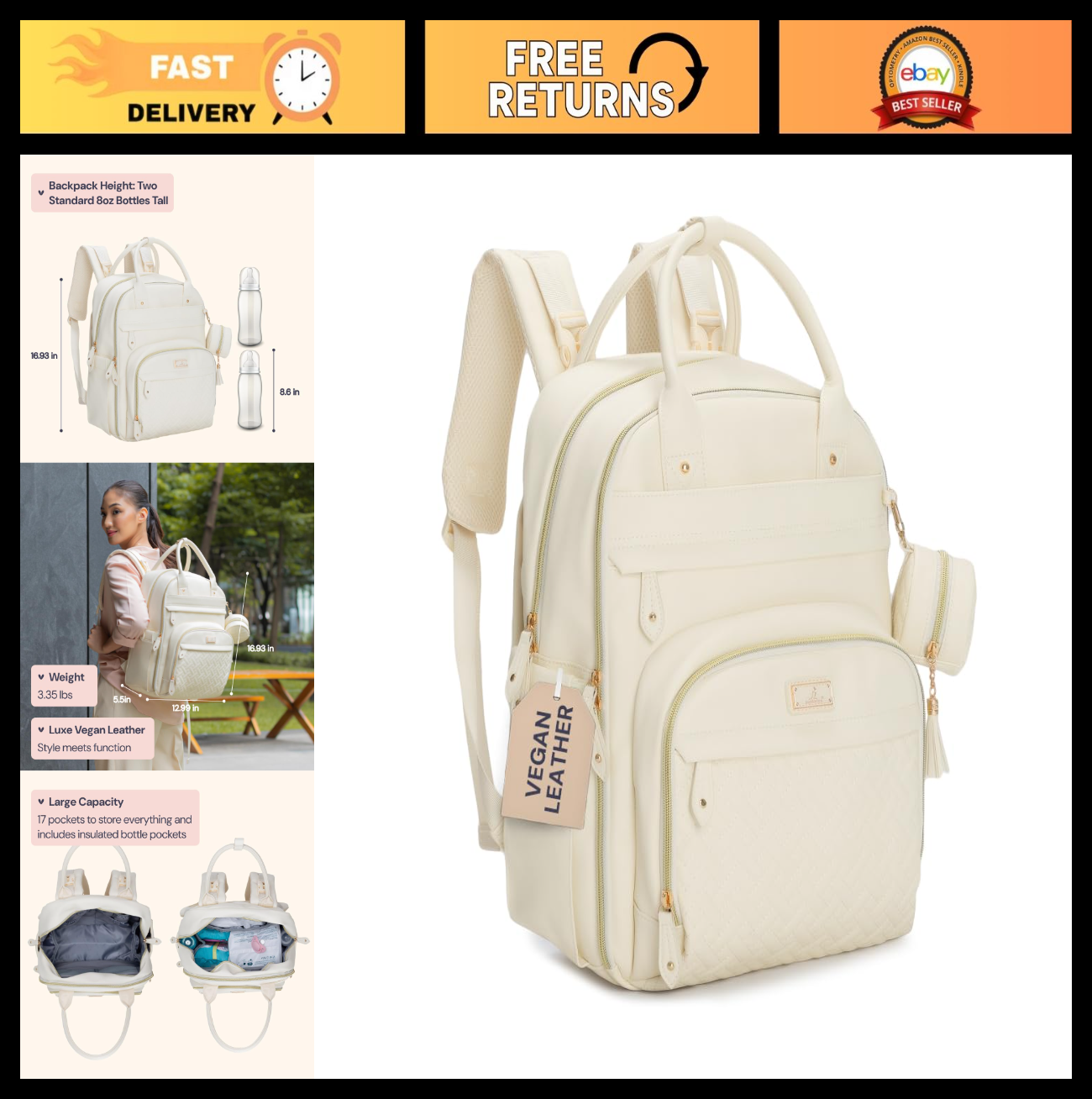 Multi Function Leather Diaper Bag Backpack   Water Resistant, Changing Pad, Stro0