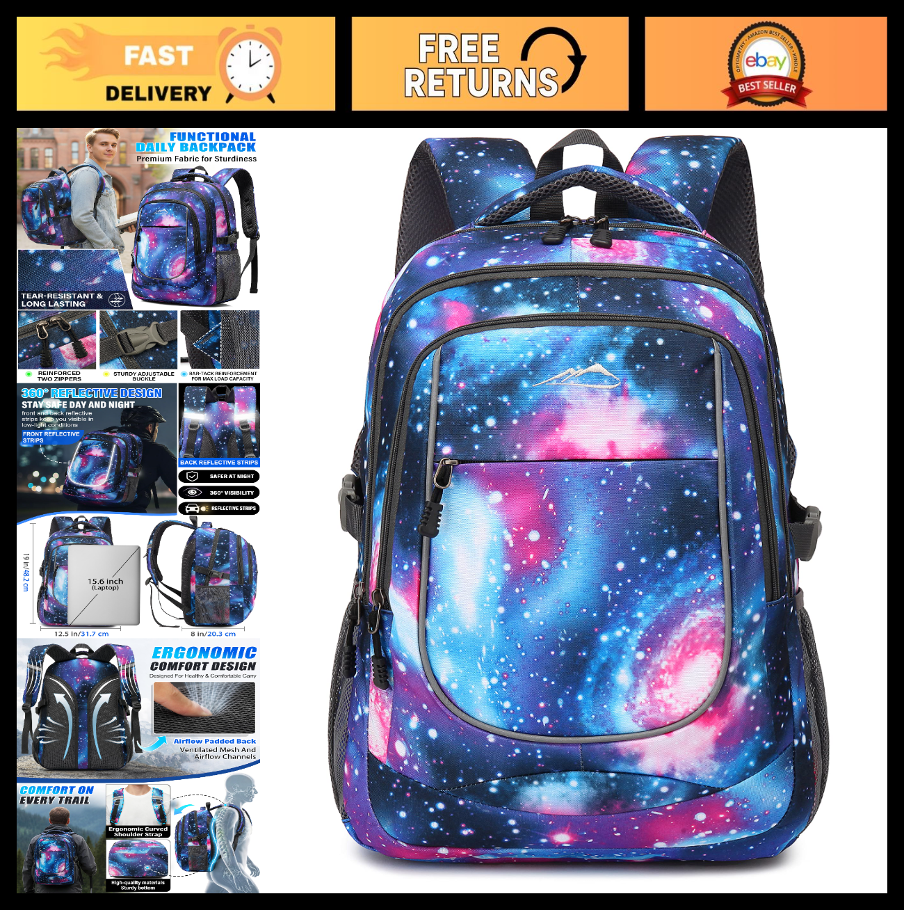 Sturdy Multi Compartment Backpack for College, Travel, Business & Hiking   Fits0