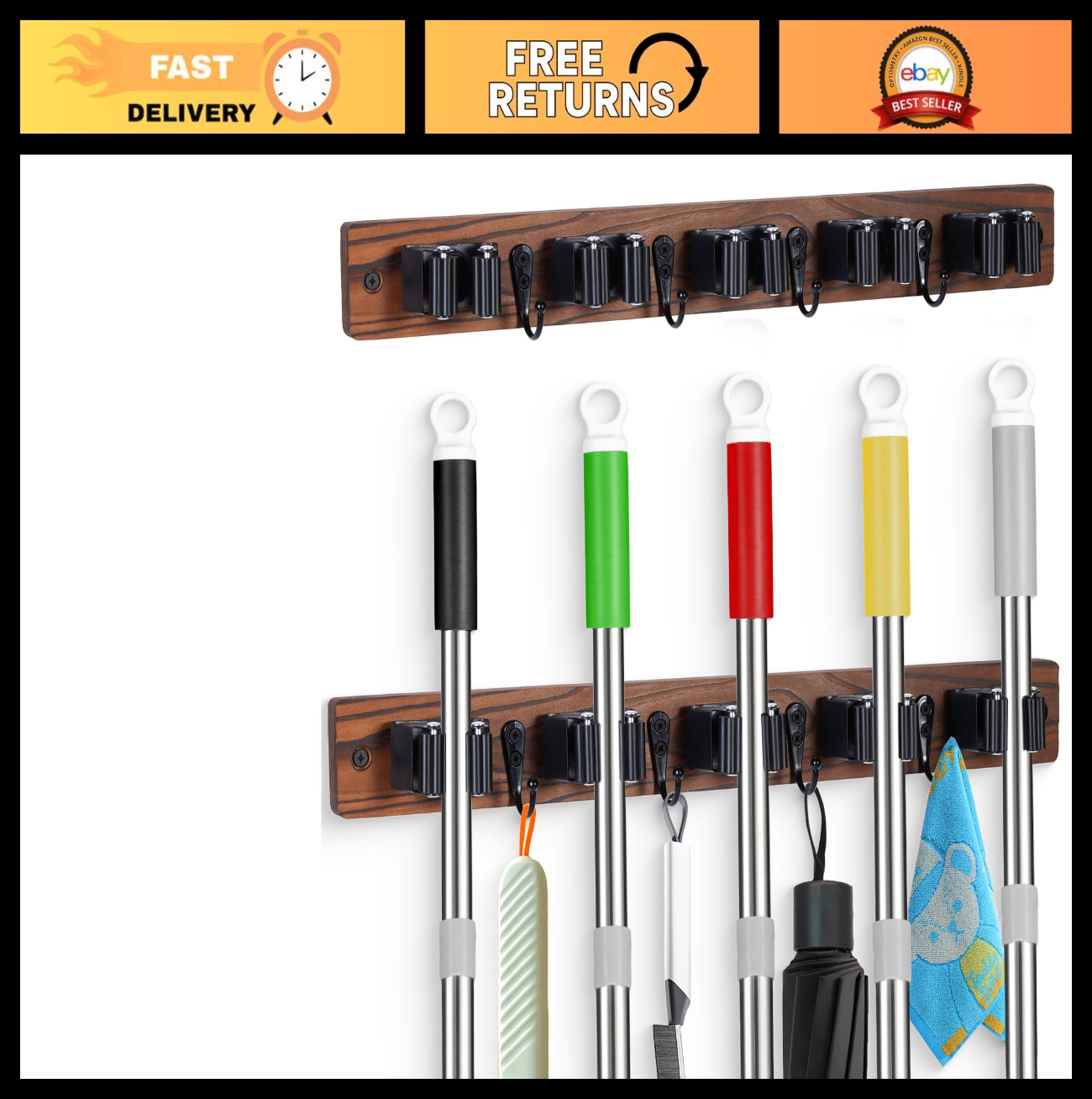 2 Pack Wall Mount Broom Holder with 5 Slots & 4 Hooks - Rustic Wood Tool Organiz0