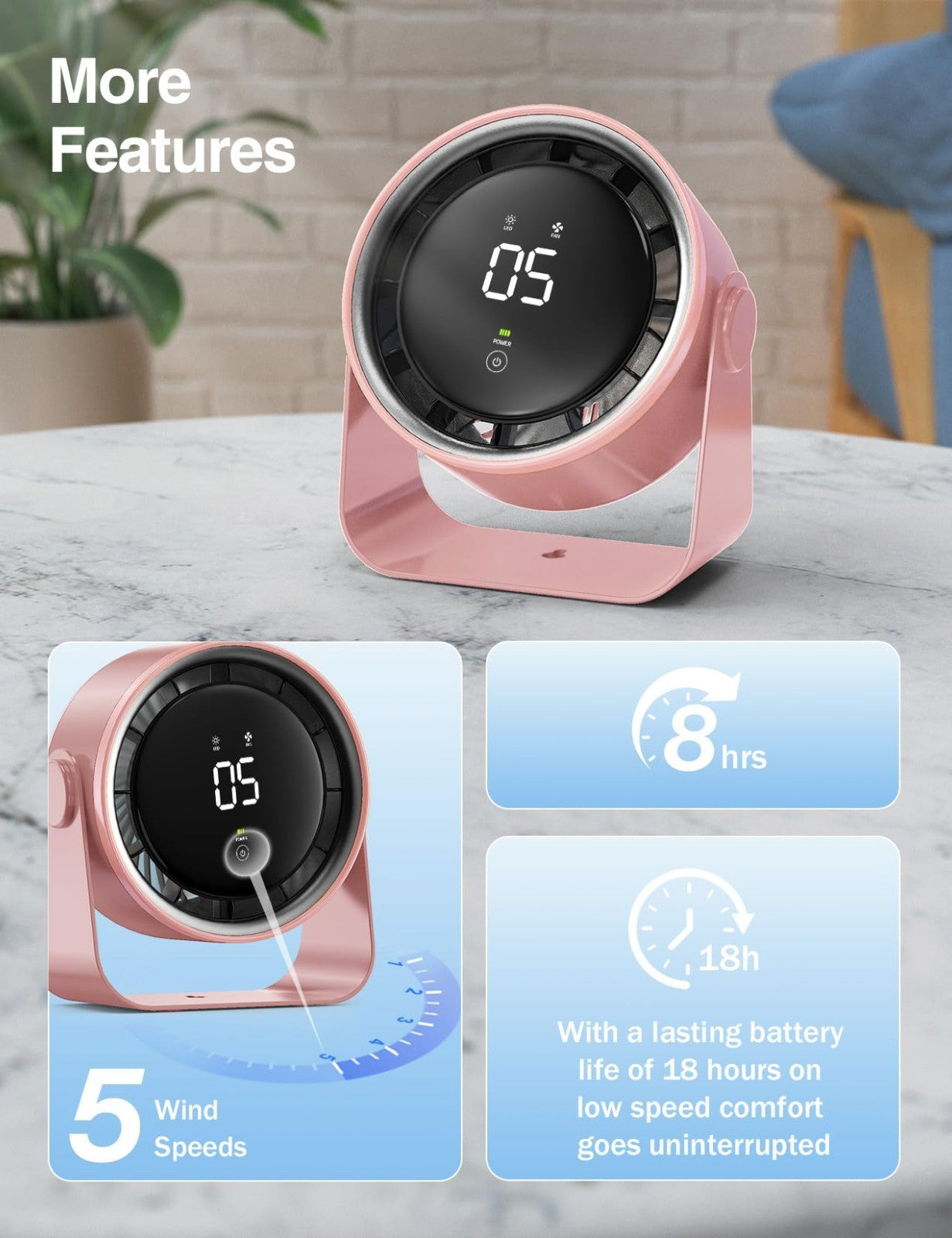 Ultra Quiet Small Desk Fan, Multi Speed Air Circulator, Touch Control, LED Light6