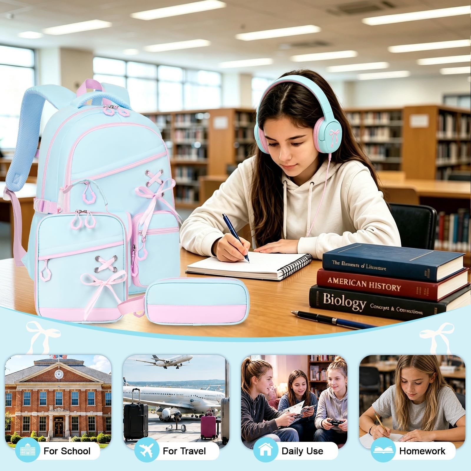 Stylish Girls Backpack with Wired Headphones, School Bag for Teens & Kids4