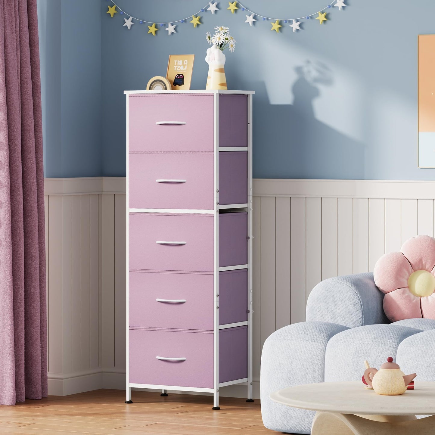 Tall Dresser for Bedroom - 5 Drawer Vertical Fabric Chest, Pink - Space-Saving S2