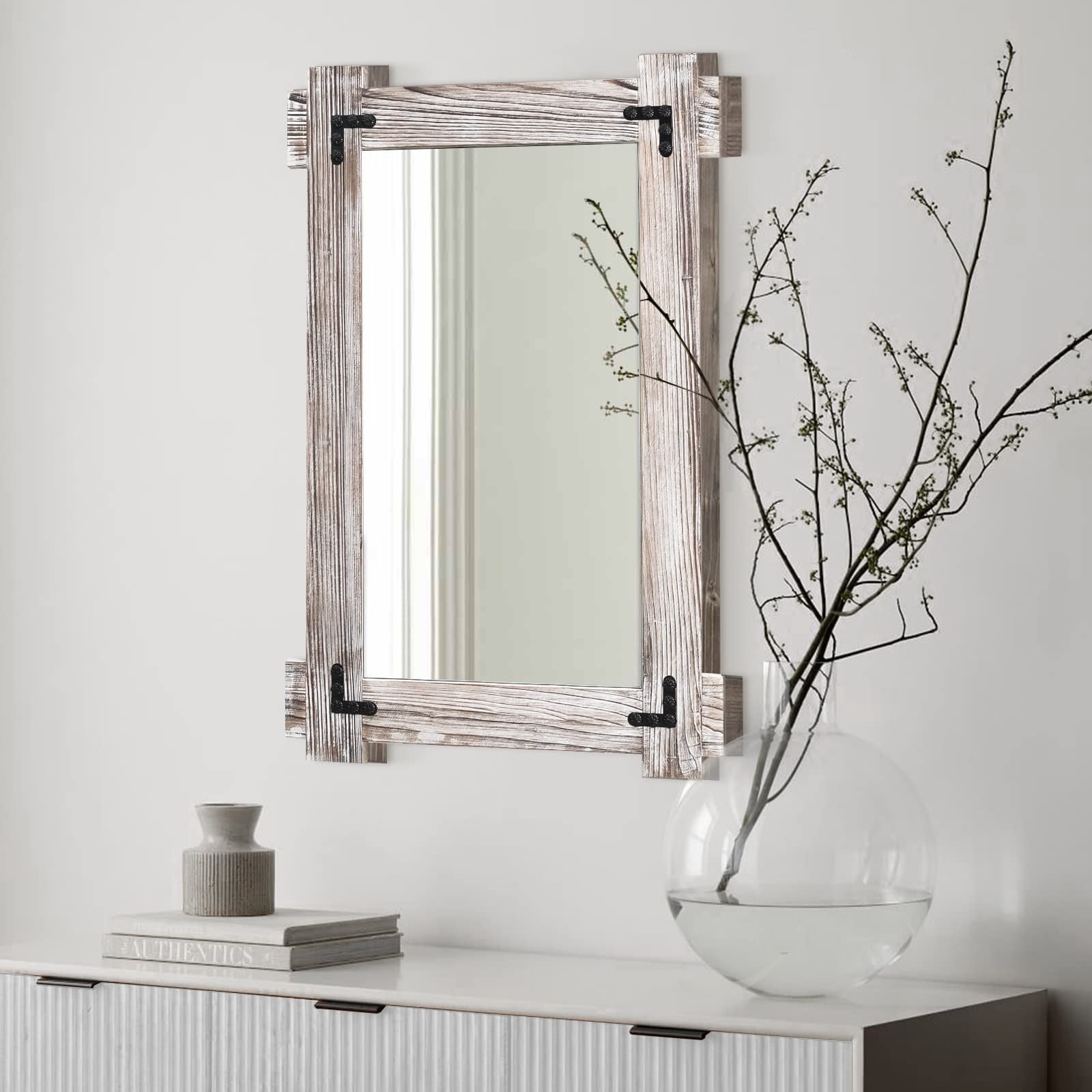 30x20 Inch White Farmhouse Wall Mirror - Distressed Wood Framed Vanity Decor0