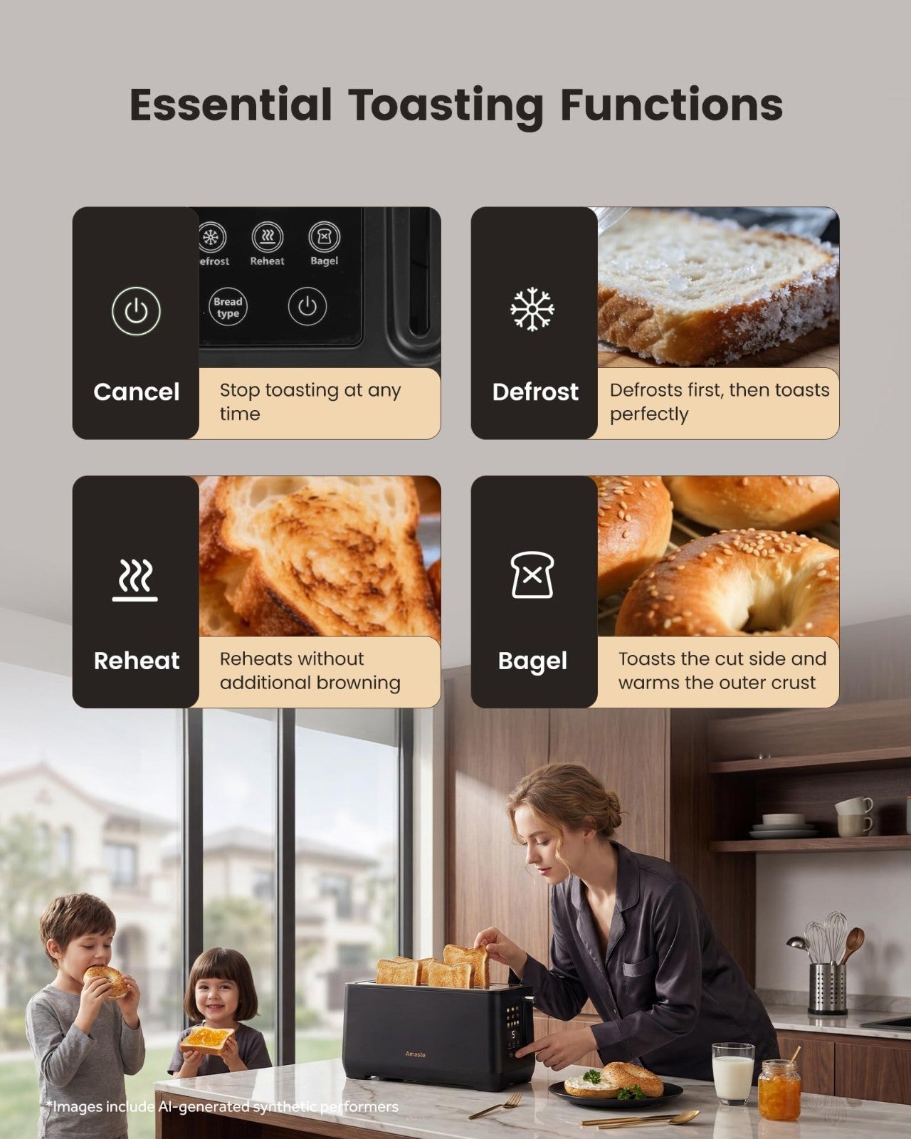 4 Slice Retro Toaster with Touch Screen, Extra Wide Slots, 6 Browning Levels, De4