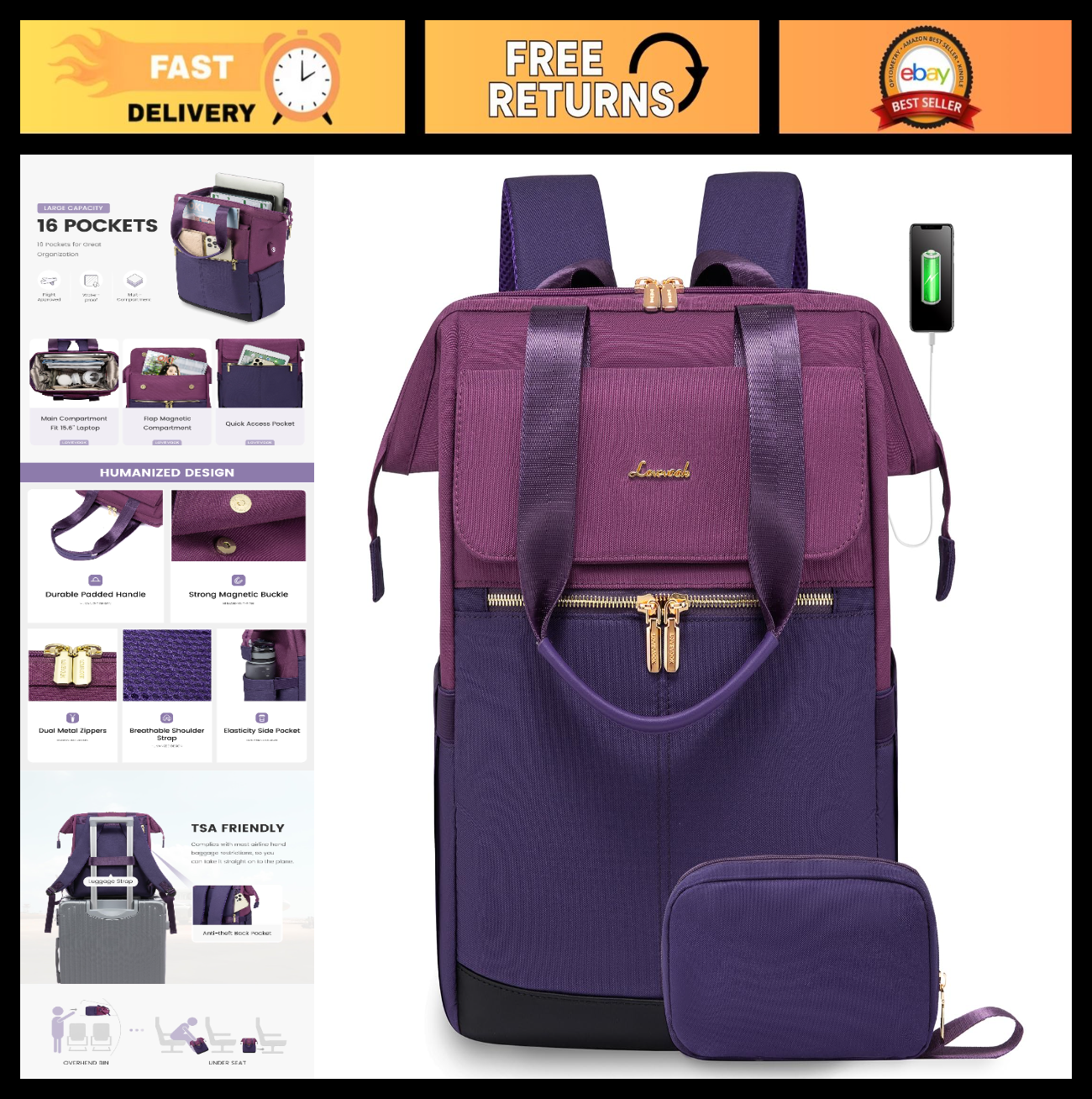 Stylish 17.7" Laptop Backpack for Women, USB Port, Waterproof Travel Bag, Blue P0